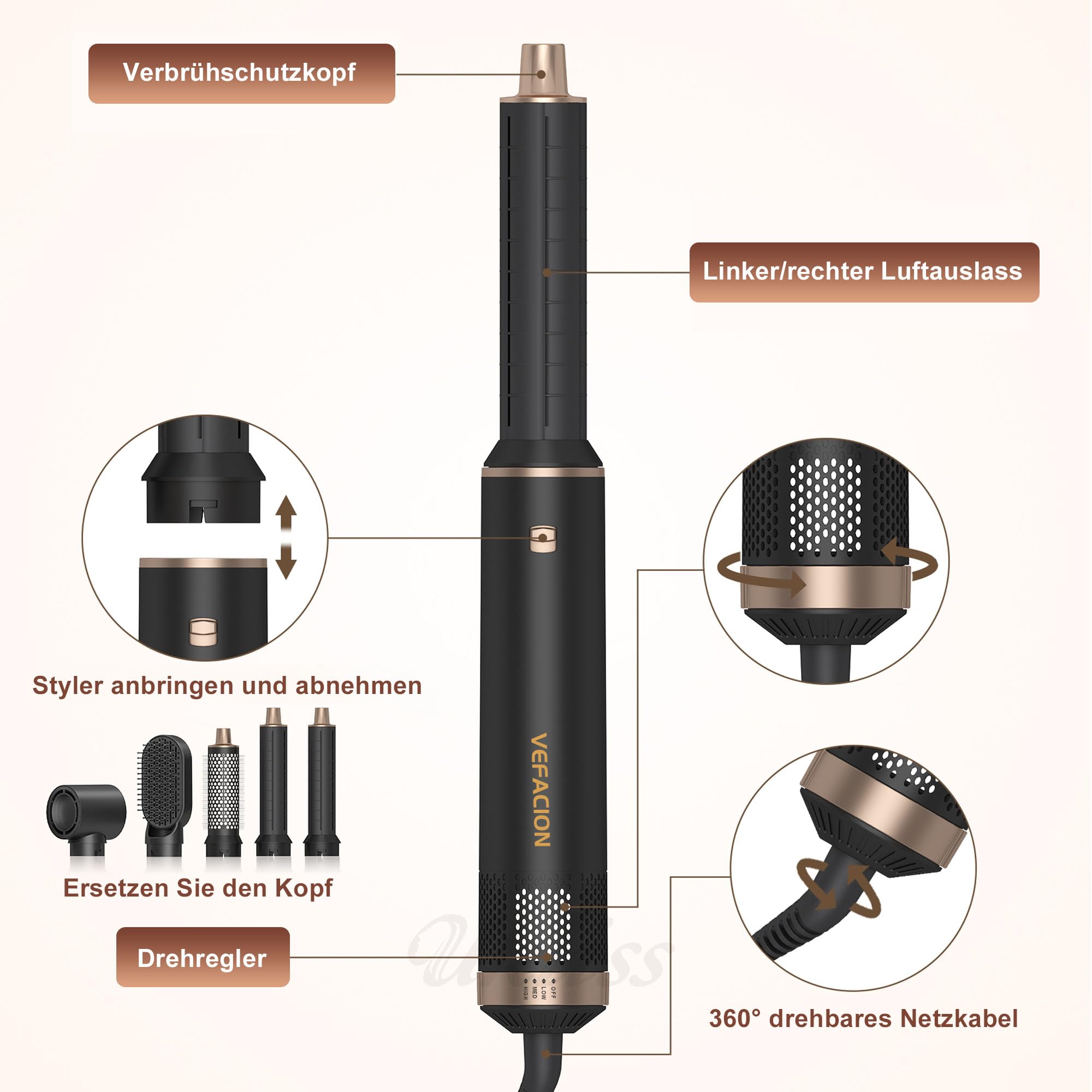 Zestaw 5 w 1 Airstyler | szczotka rotacyjna suszarka do włosów z 3 poziomami temperatury i funkcją jonizacji | do loków, prostowania, objętości i szybkiego suszenia