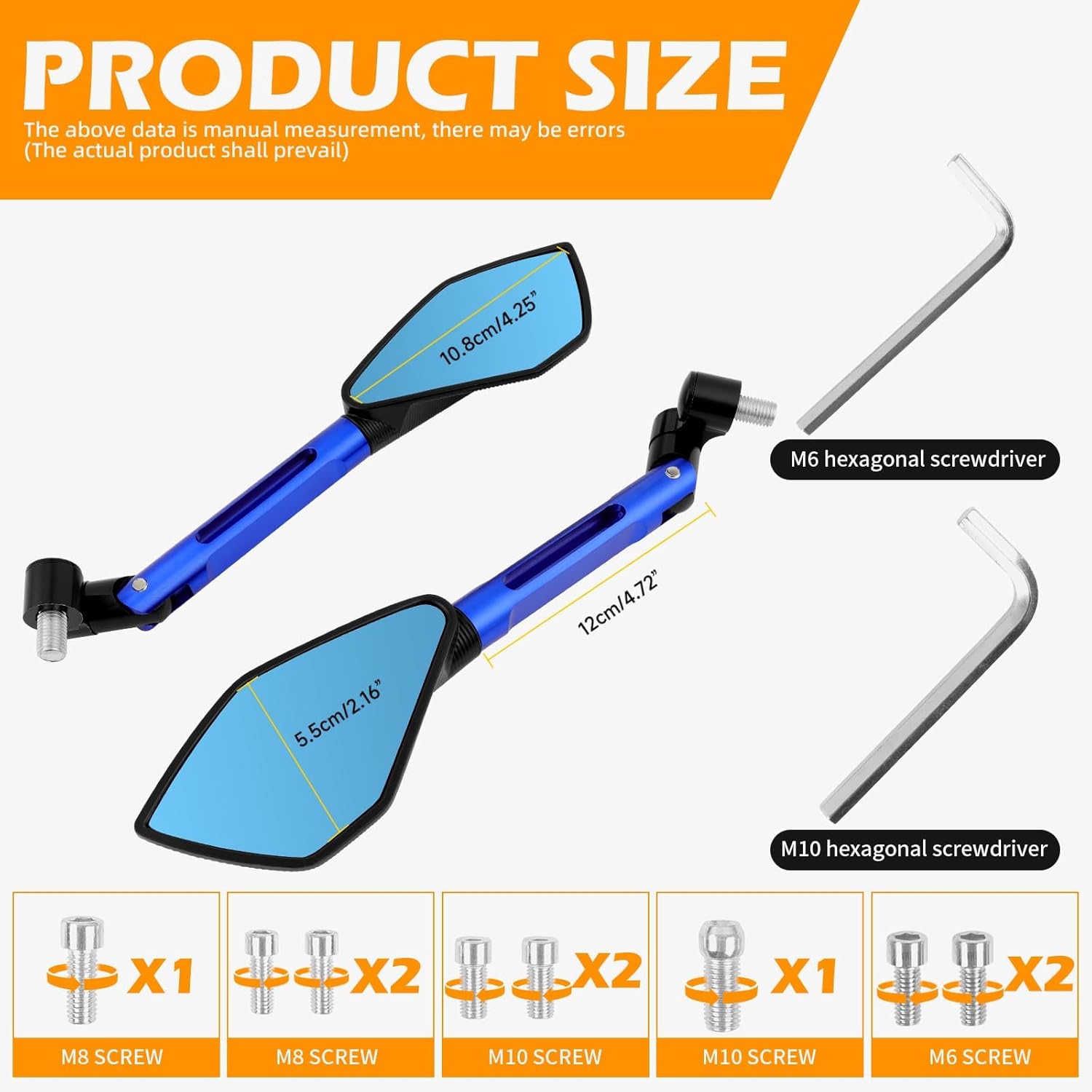 JMTBNO 8mm 10mm Motorcycle Rearview Mirror Side Rear view Mirrors For Motorcycle Dirt Bike Quad Street Bike Adventure Snowmobile Jet ski Scooter Coolster Moped GY6 ATV's (Blue)