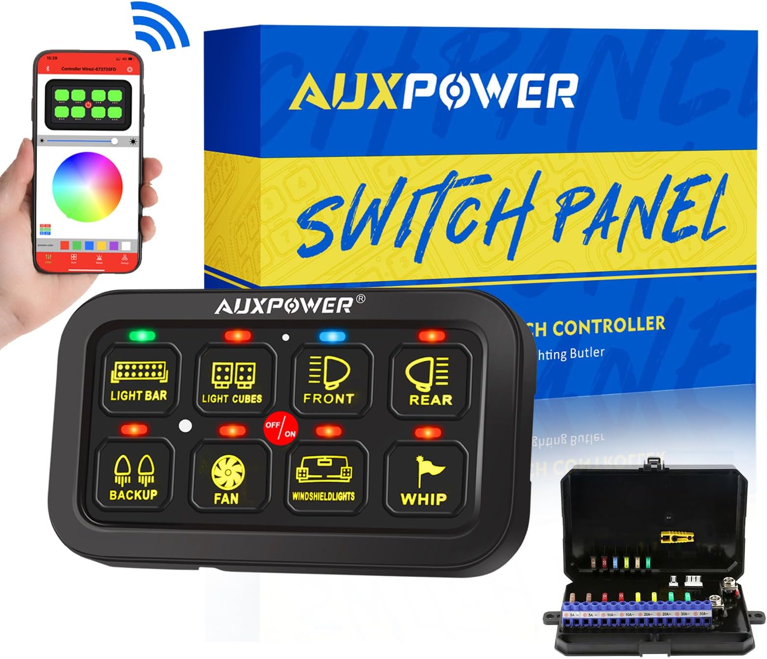 Auxpower Bluetooth RGB 8 Gang Switch Panel A38 with 3 Lighting Modes LED Touch Control Panel with Automatic Dimmable Function Electronic Relay System Auxiliary Switch Pod for Trcuk Car ATV Waterproof