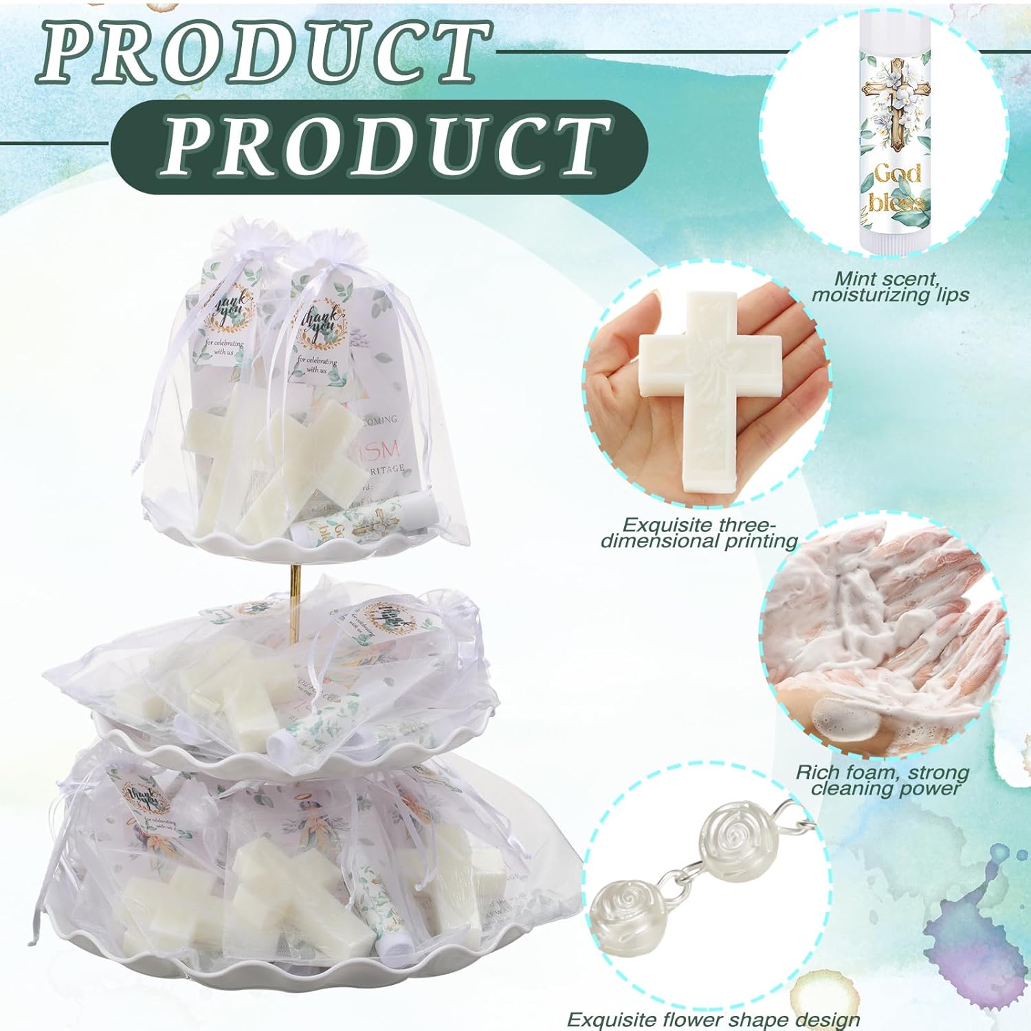 300 Pcs Baptism Party Favors for Guests First Communion Includes Lip Balm Cross Soap Baptism Rosaries Greeting Cards and Organza Bag Christening Communion Gender Reveal Favors for Guests Gifts