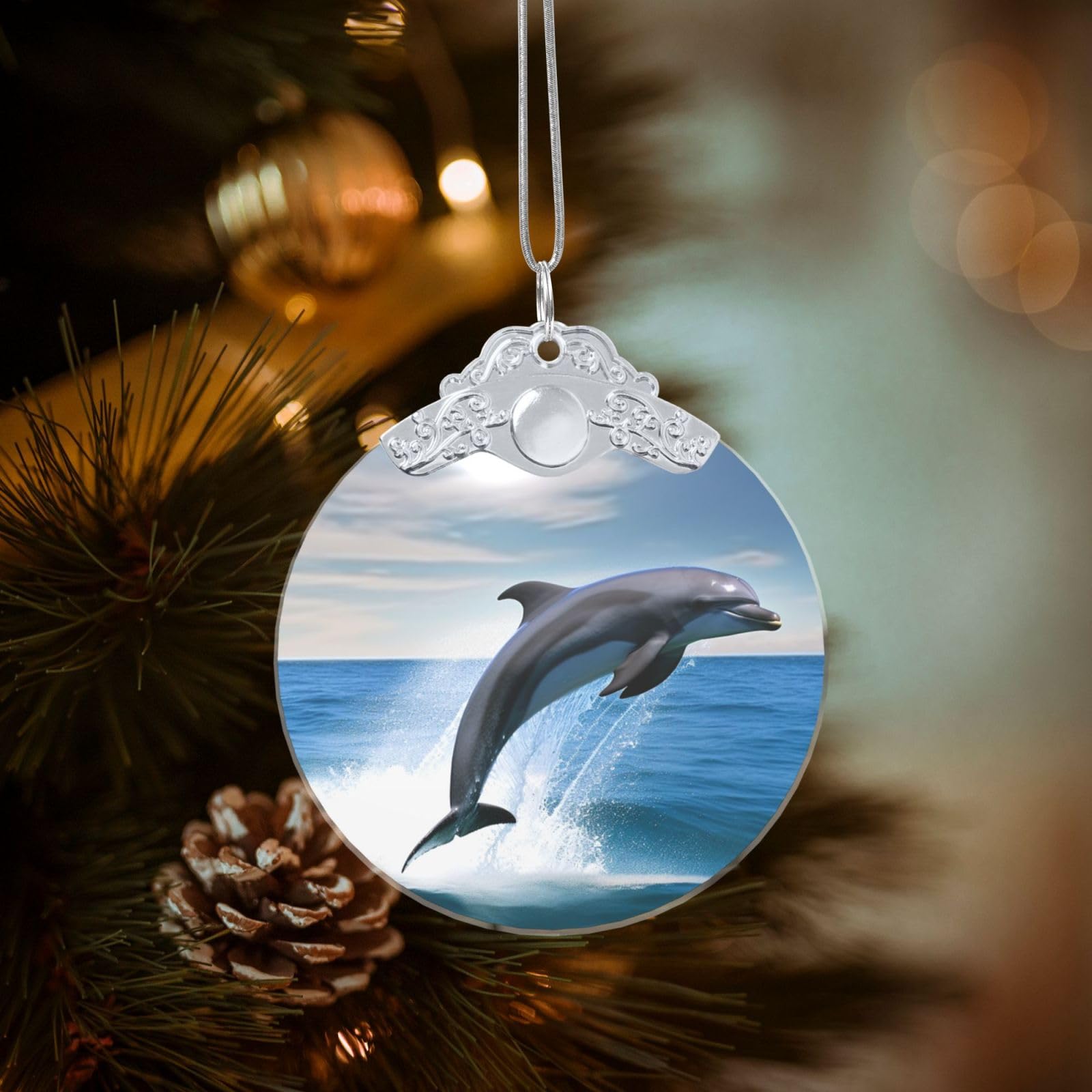 Jumping Up Dolphins Christmas Ornament 2025, Round Glass Xmas Hanging Pendant for Xmas Tree Decoration,Cute Holiday Hanging Decorations Keepsake for New Year Family Party Wedding Decor