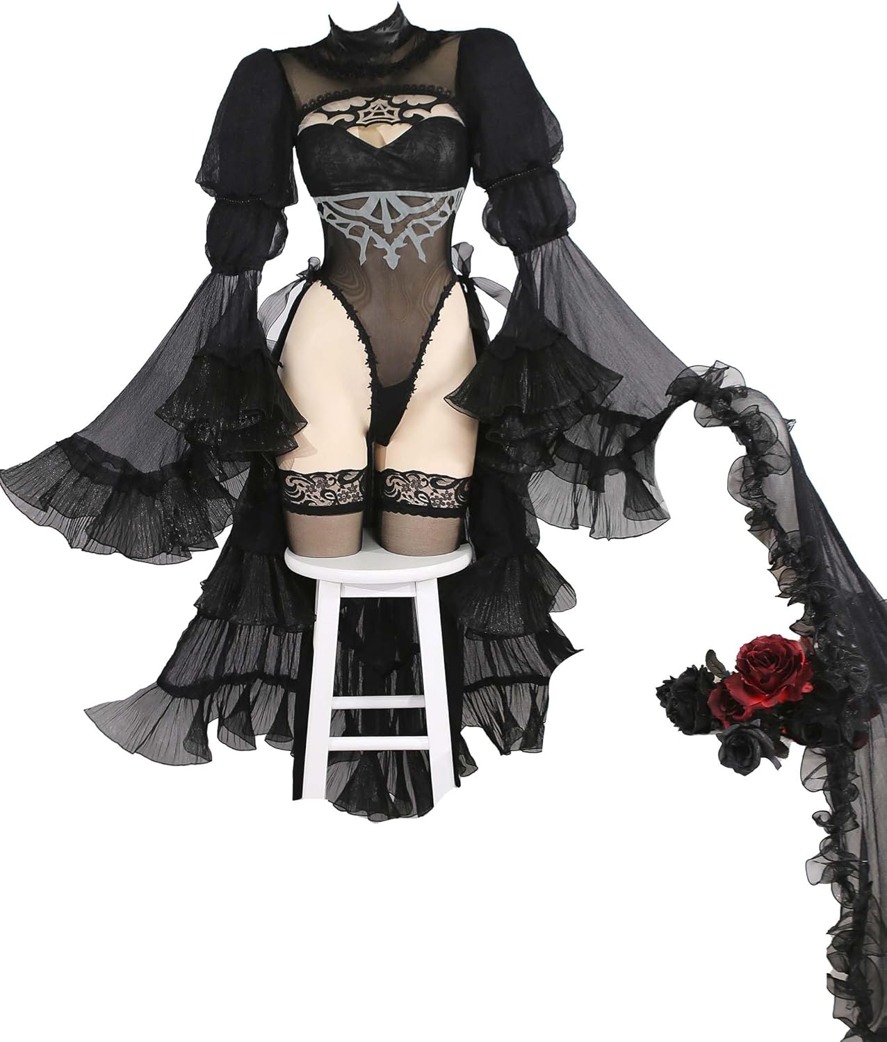 miccostumes Women Adult Costume Anime Wedding Bride Cosplay Black Bridal Bodysuit with Veil and Gloves