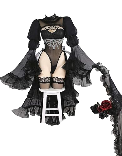 miccostumes Women Adult Costume Anime Wedding Bride Cosplay Black Bridal Bodysuit with Veil and Gloves - Small