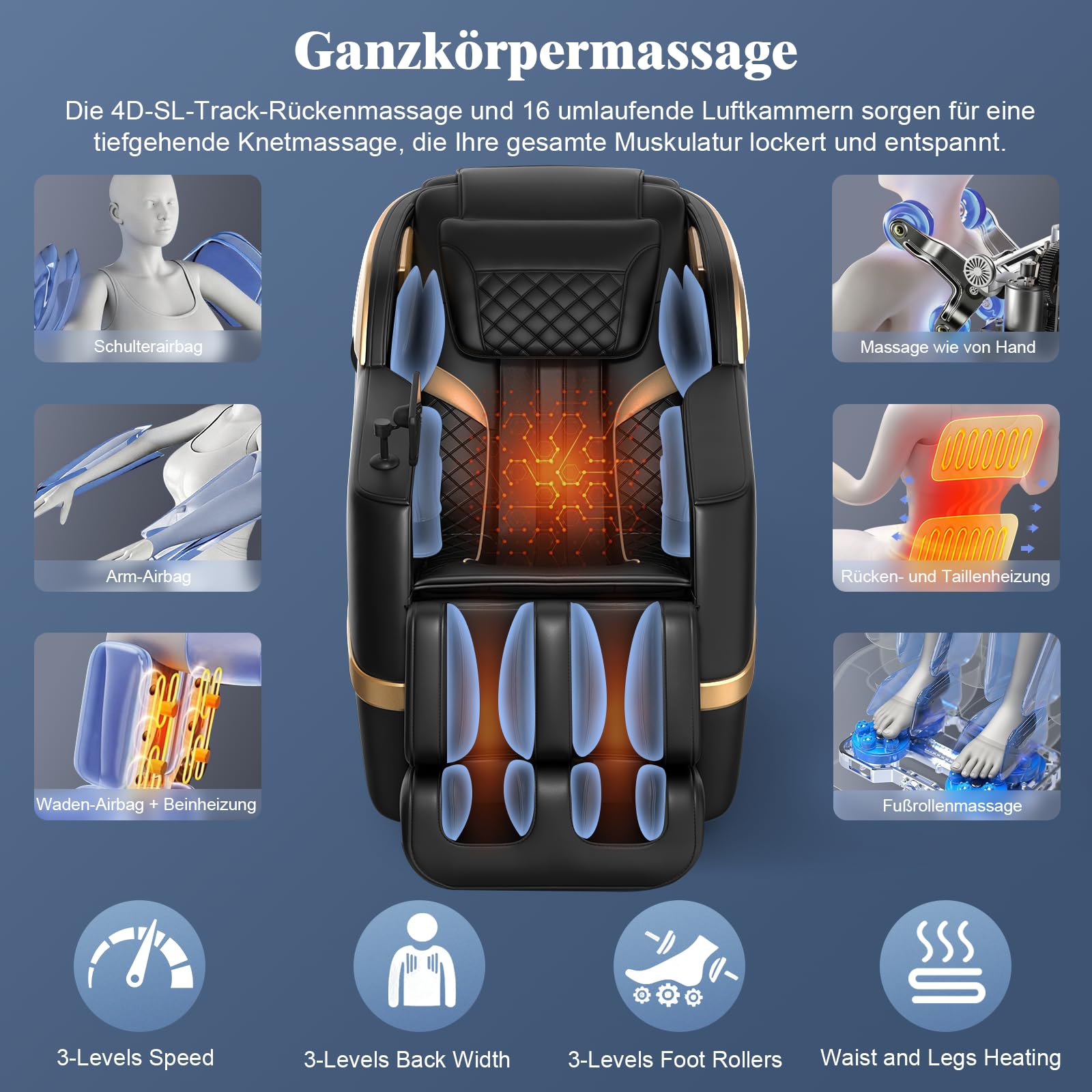YONISEE 4D SL-Track Massagesessel Ganzkörpermassage mit Bein- und Taillenheizung, 8 Airbags, Fußrollenmassage, KI-Sprachsteuerung, Bluetooth-Lautsprecher, Zero Gravity