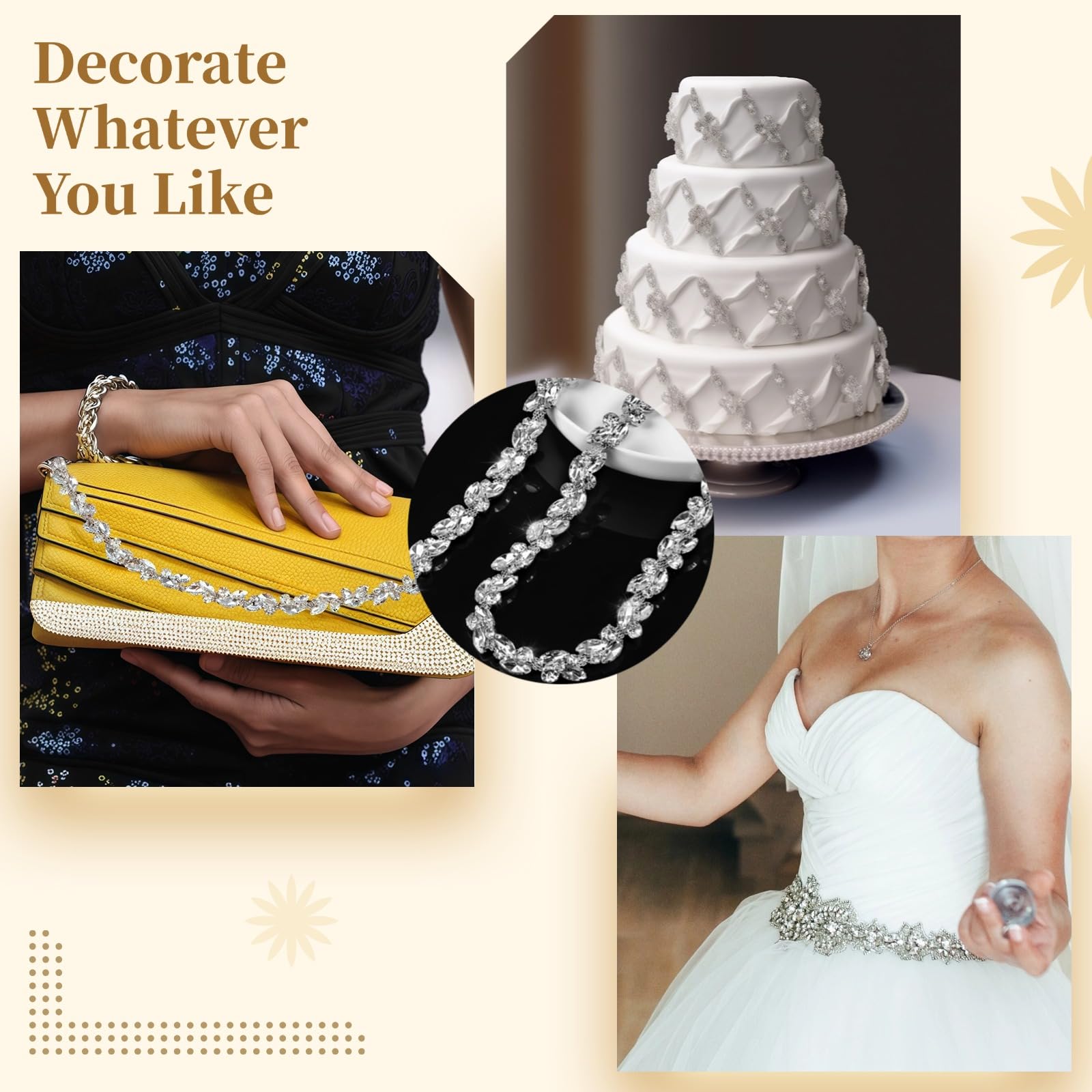 1 Yard Strassketten-Besatz, Kristall-Strassketten-Applikation, funkelnde Blumen-Blatt-Verzierung mit 2 Strass-Stilen, Kettennähbesatz für DIY-, Hochzeits-, Kleidungs- und Deko-Projekte