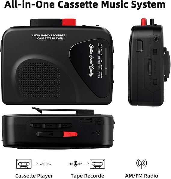 Cassette Player Tape Recorders AM/FM Radio, Portable Tape Player Records Built in Speakers Manual Record - 2AA Battery Or DC 5V Supply with 3.5MM Earphone- Black