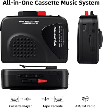 Cassette Player Tape Recorders AM/FM Radio, Portable Tape Player Records Built in Speakers Manual Record - 2AA Battery Or DC 5V Supply with 3.5MM Earphone- Black