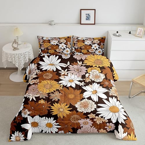 Juego de ropa de cama floral de otoño bohemio, tamaño Queen, retro, Groovy Power Flower, juego de edredón con ojos bohemios, edredón hippie para