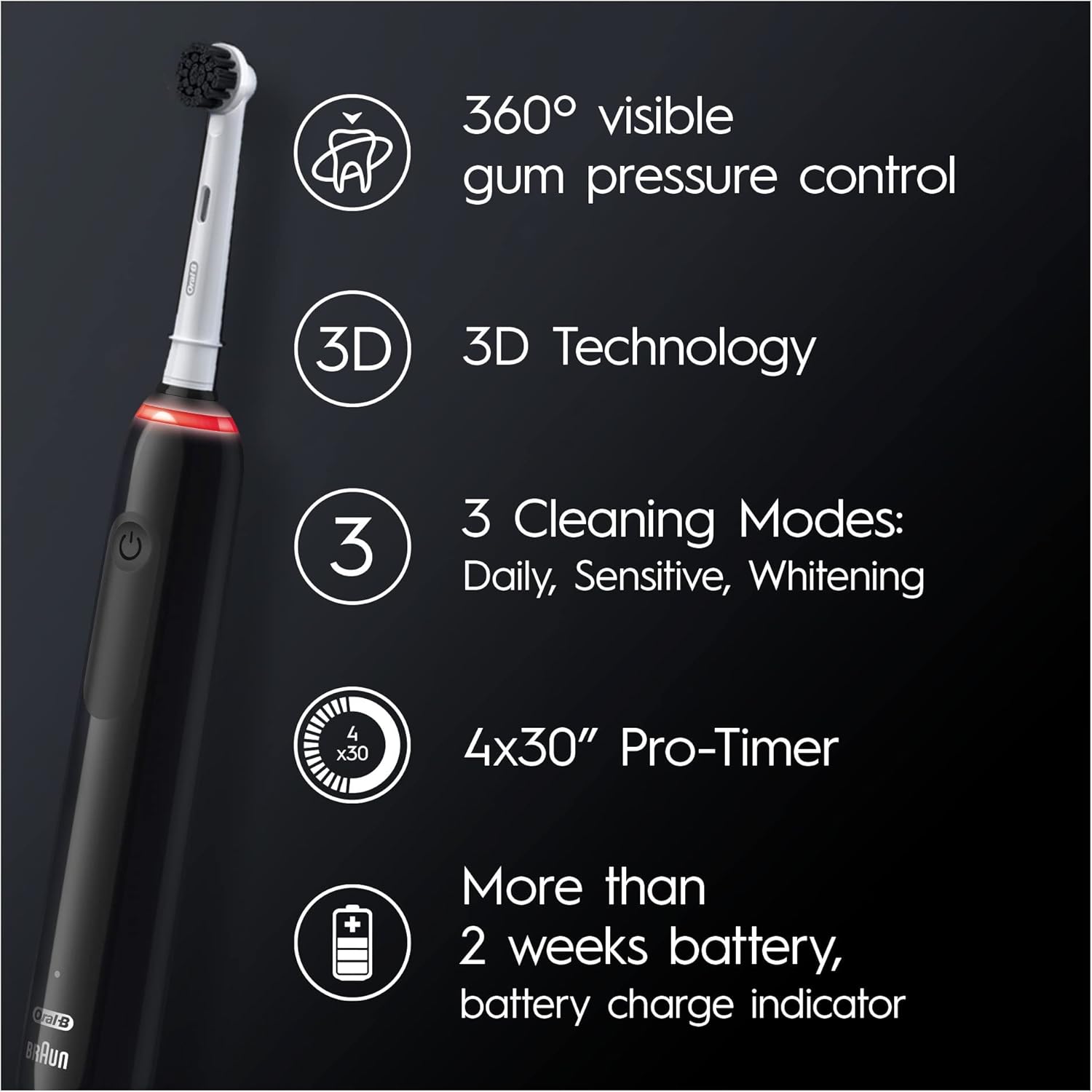 OralB Pro 3 3000 Black Electric Toothbrush, 1 Handle with Visible