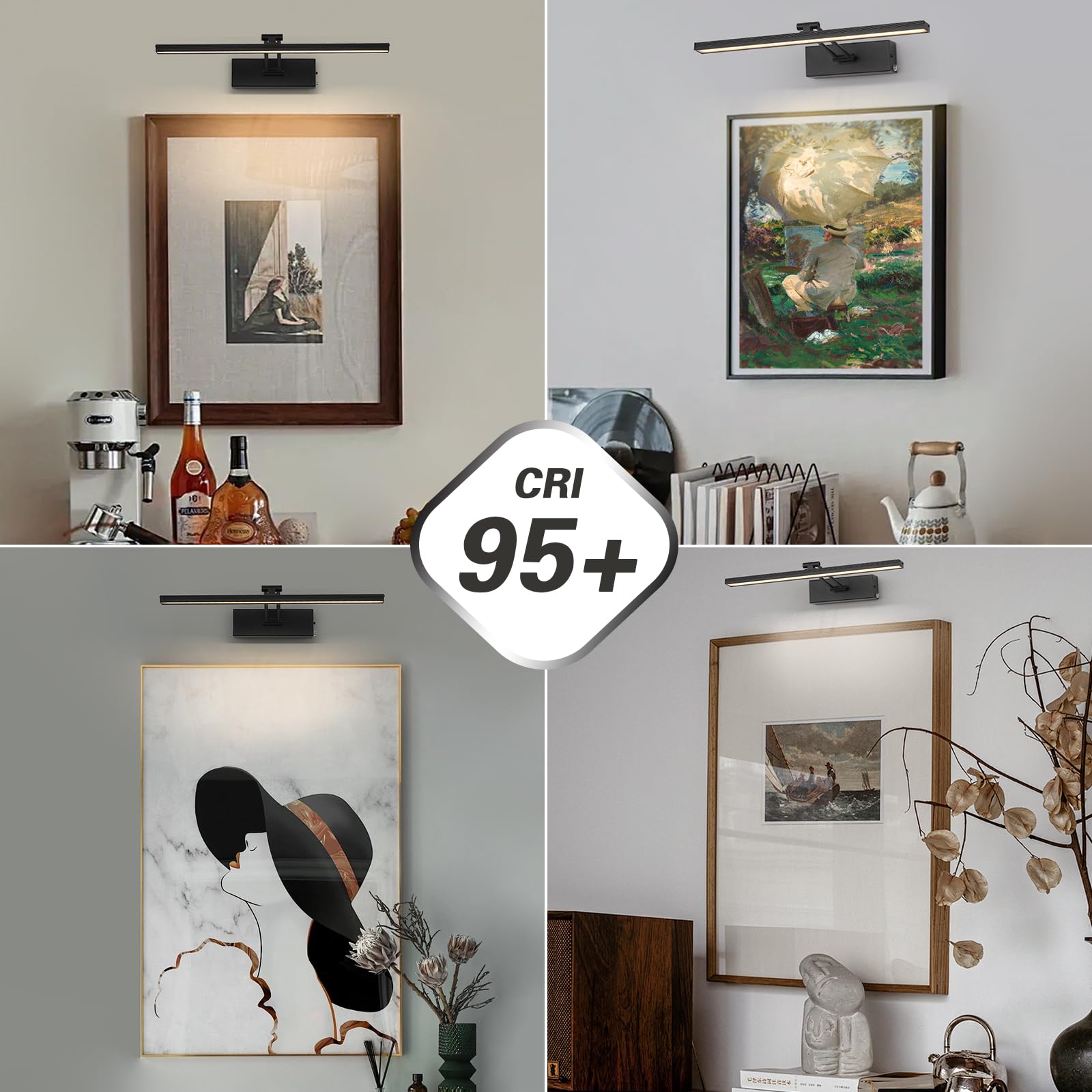 DESOOP Rechargeable Picture Light Battery Operated 3CCT Dimmable Gallery Lighting Black Over Picture Light Wireless Art Lights with Remote and Timer 15.75