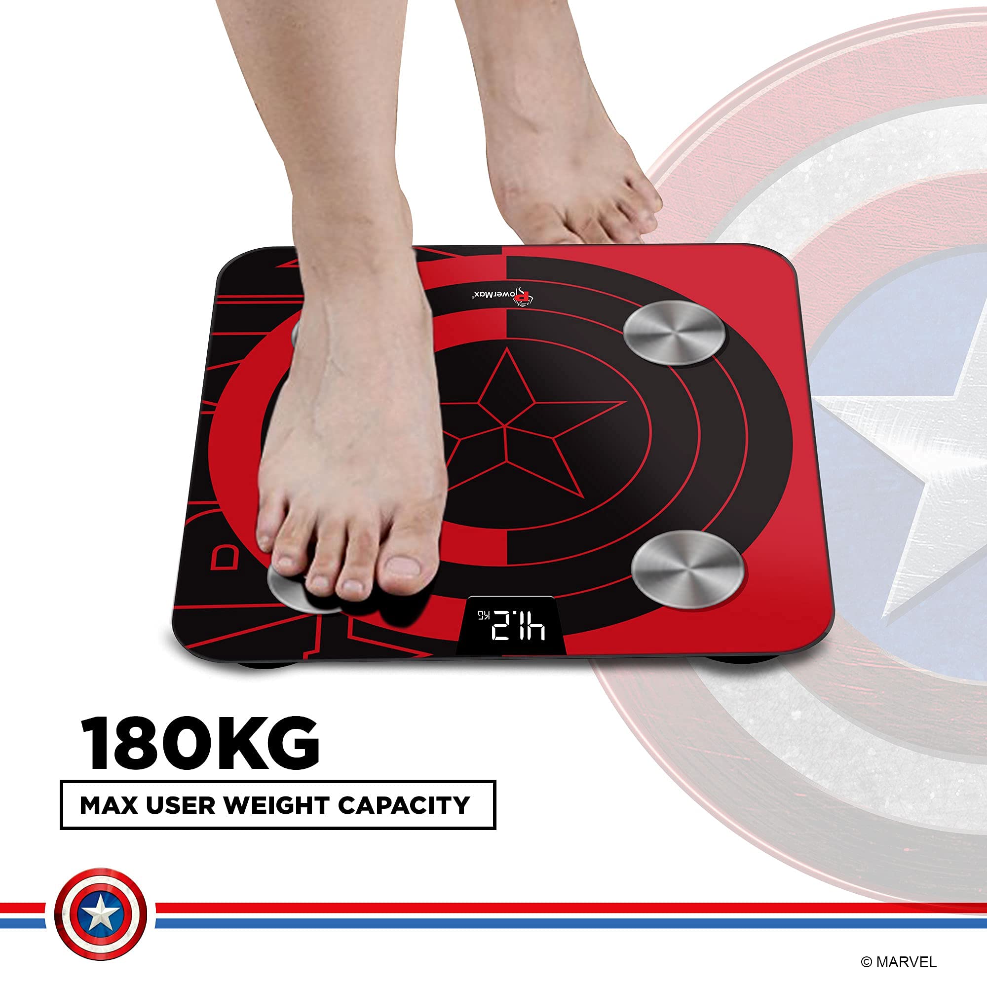 PowerMax X Marvel BCA-130 Marvel Edition Red Captain America Digital Weight Machine for Human Body - High Accuracy Bathroom Weighing Scale with Step-on Technology & Super Durable 6mm Tempered Glass 4