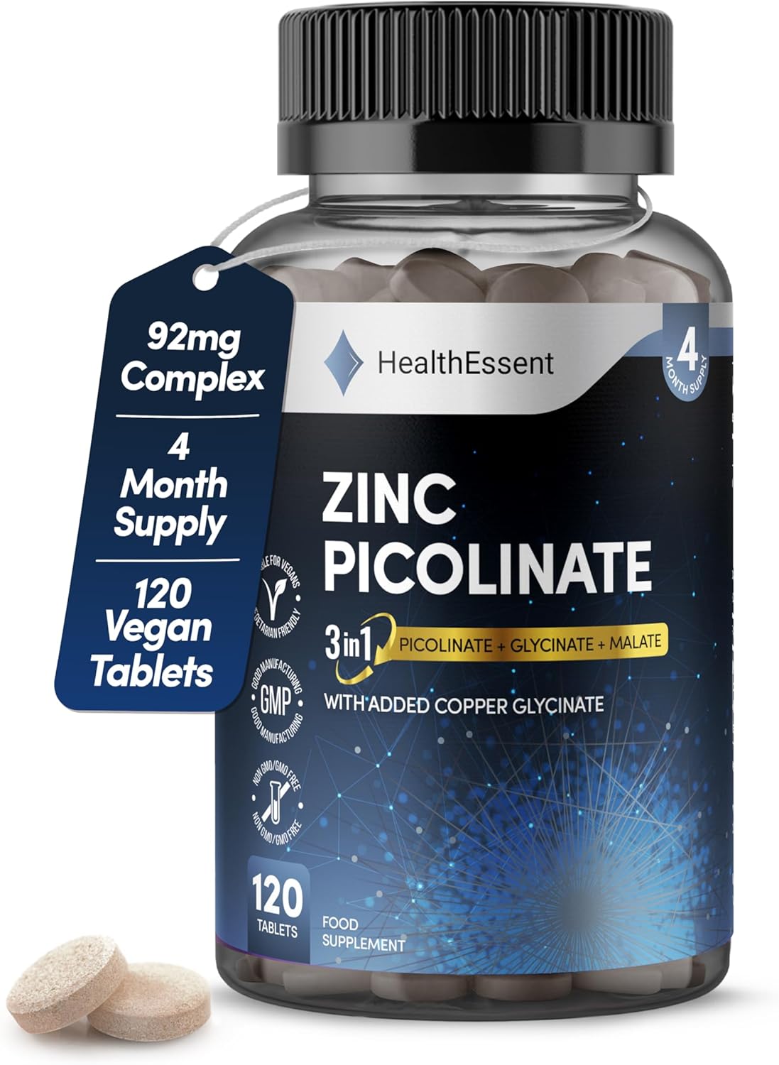 Zinc Picolinate 3-in-1, High Strength 92mg – Zinc Picolate, Glycinate and Malate with Added Copper Glycinate – Immune Support, Hair, Skin & Nails – (4 Month Supply) – 120 Tablets by HealthEssent