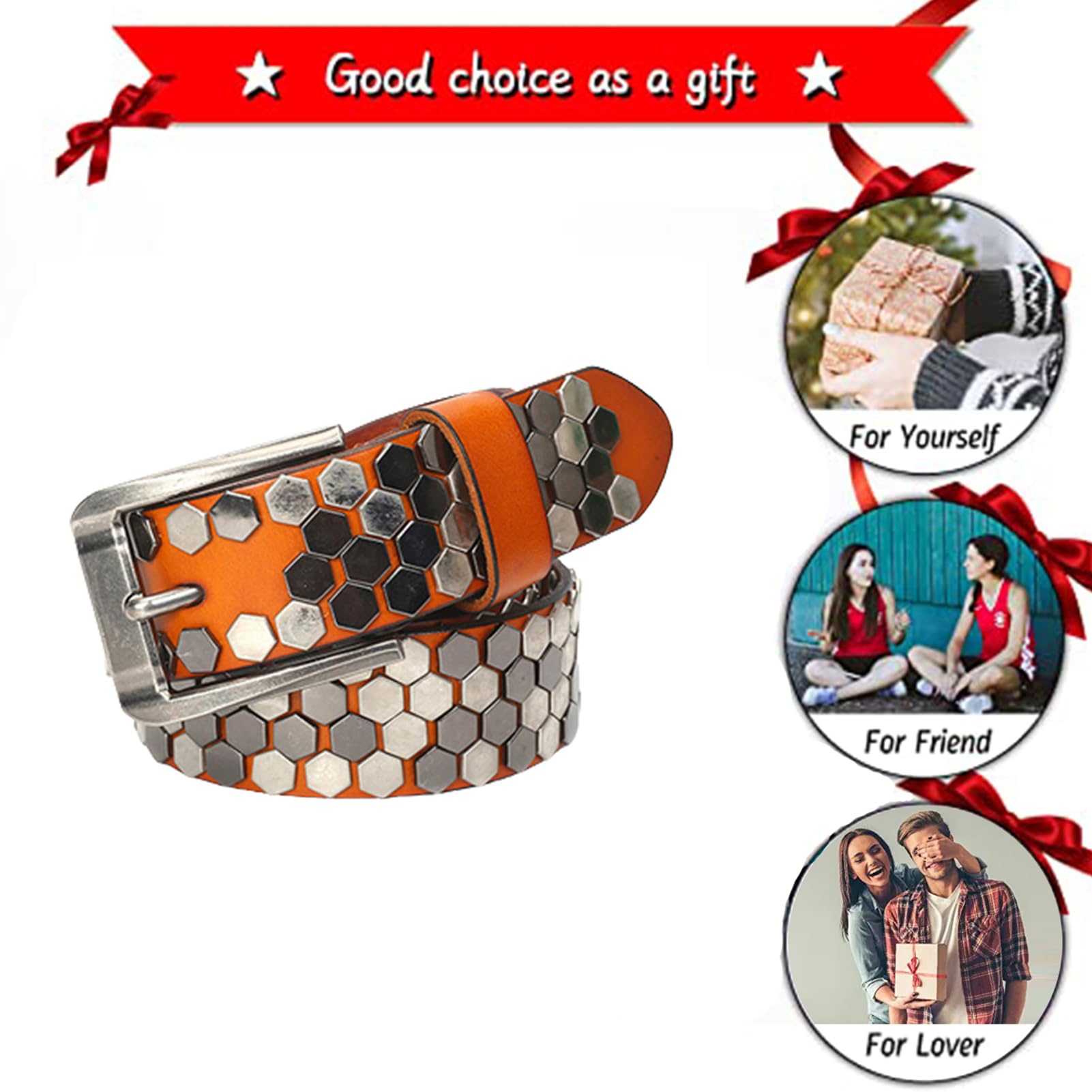 Ceinture en Cuir à Rivets Tendance Motif Clouté Style Punk Rock Boucle à Griffes Réglable Ceinture Décontractée(120cm/waist:41", Orange)