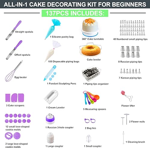 Miniatura 2 de Suuker Kit de 137 piezas de suministros de decoración de pasteles, puntas de glaseado y bolsas de tuberías con tabla de patrones, accesorios para