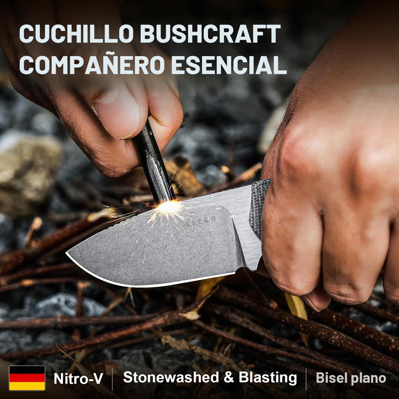 Kizer Beaver Cuchillo de Hoja Fija con Funda, Hoja de Acero Nitro-V de 2,75" Cuchillo EDC con Mango de Micarta y G10, Pequeños Cuchillos de Supervivencia Bushcraft para Hombres y Mujeres, 1078A2 | Cuchillo de camping con punta fija de acero Nitro-V de 7 c