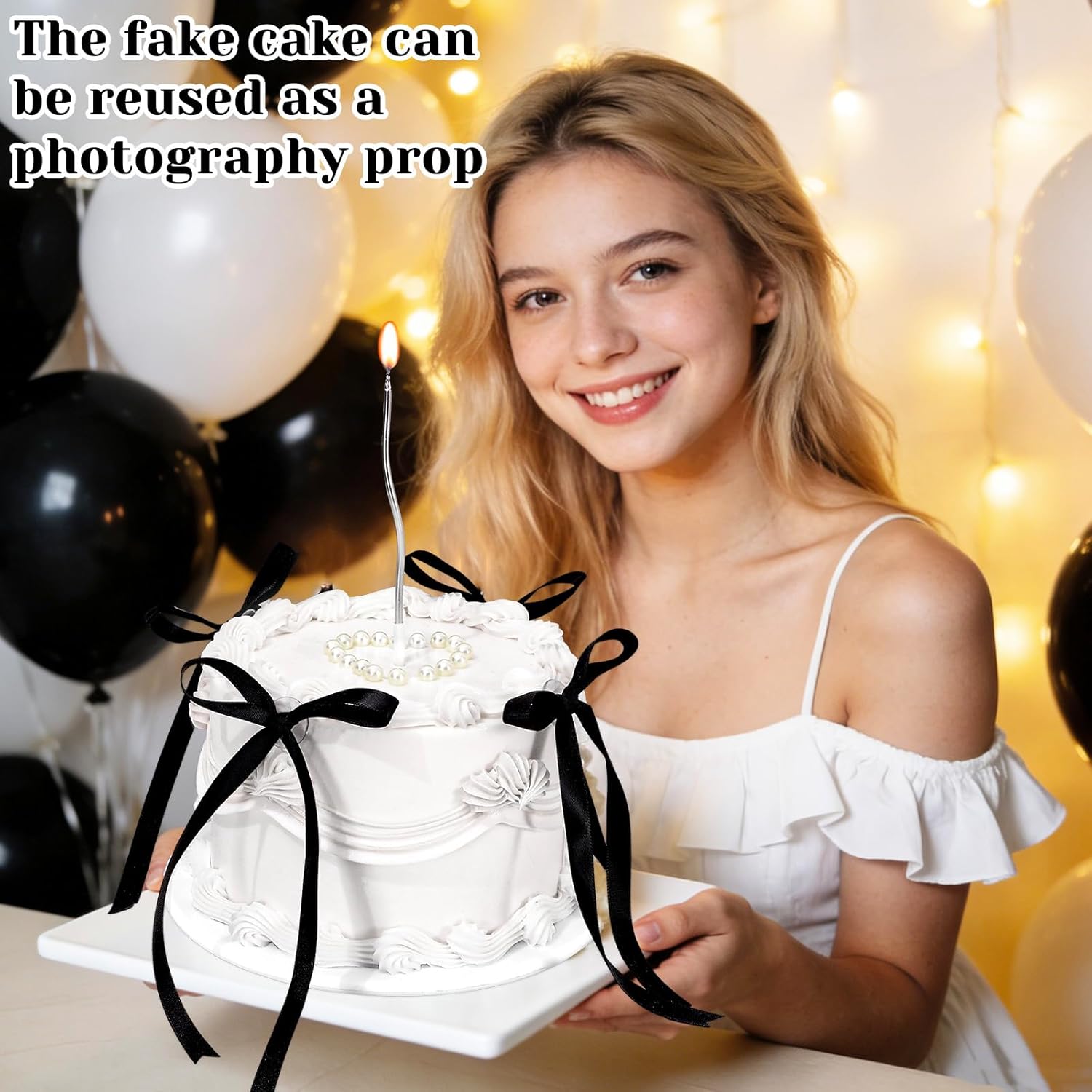 JarThenaAMCS 6 Inch White Fake Cake with Black Bows Round Artificial Cake Coquette Dessert Decor for Birthday Wedding Party Display Photo Props Supplies