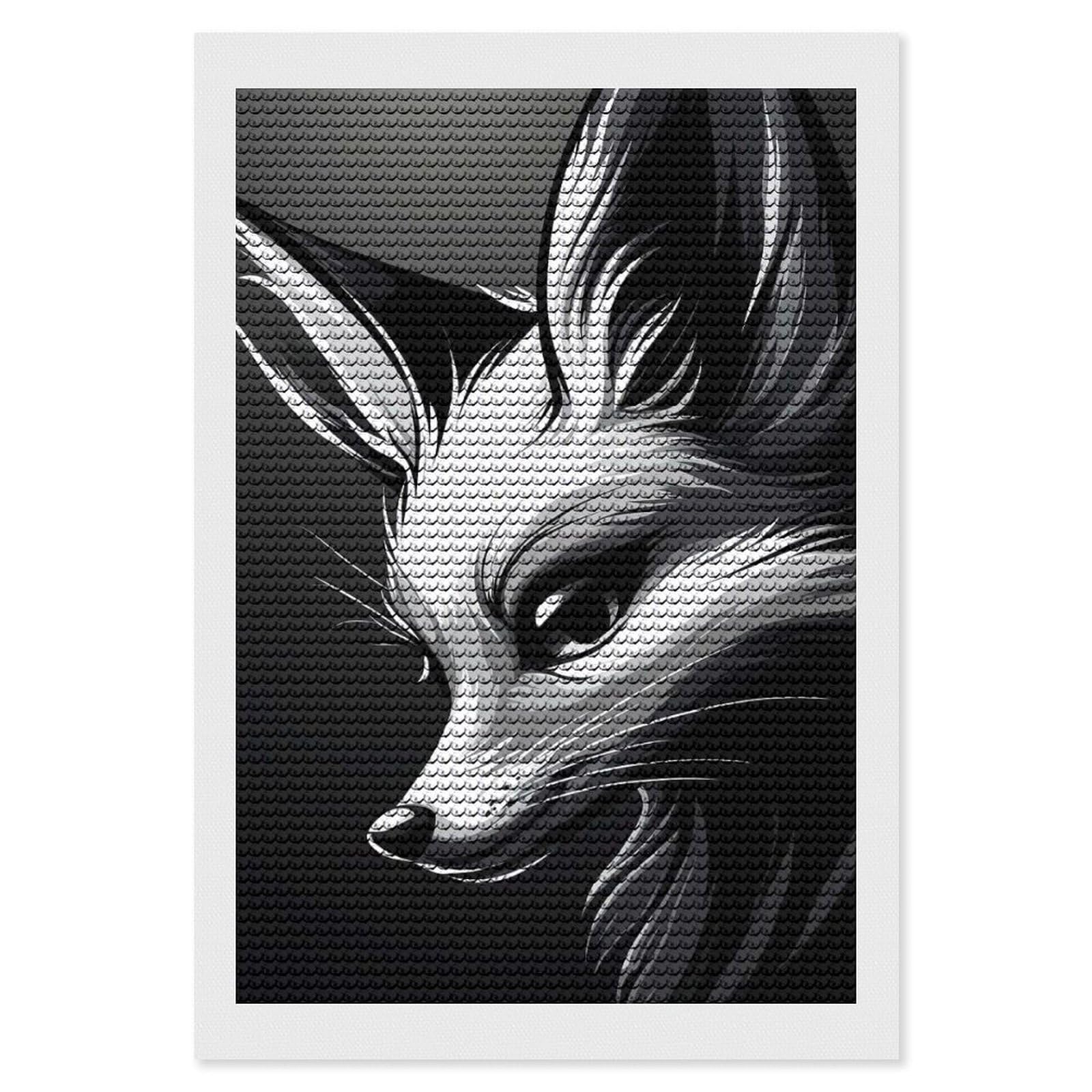 Junmoney Fox Portrait in Black and White Diamond Painting Set 8"x12", Holiday Gift Idea, for Creative Relaxation, Fun Craft Experience, Vintage Style Decor
