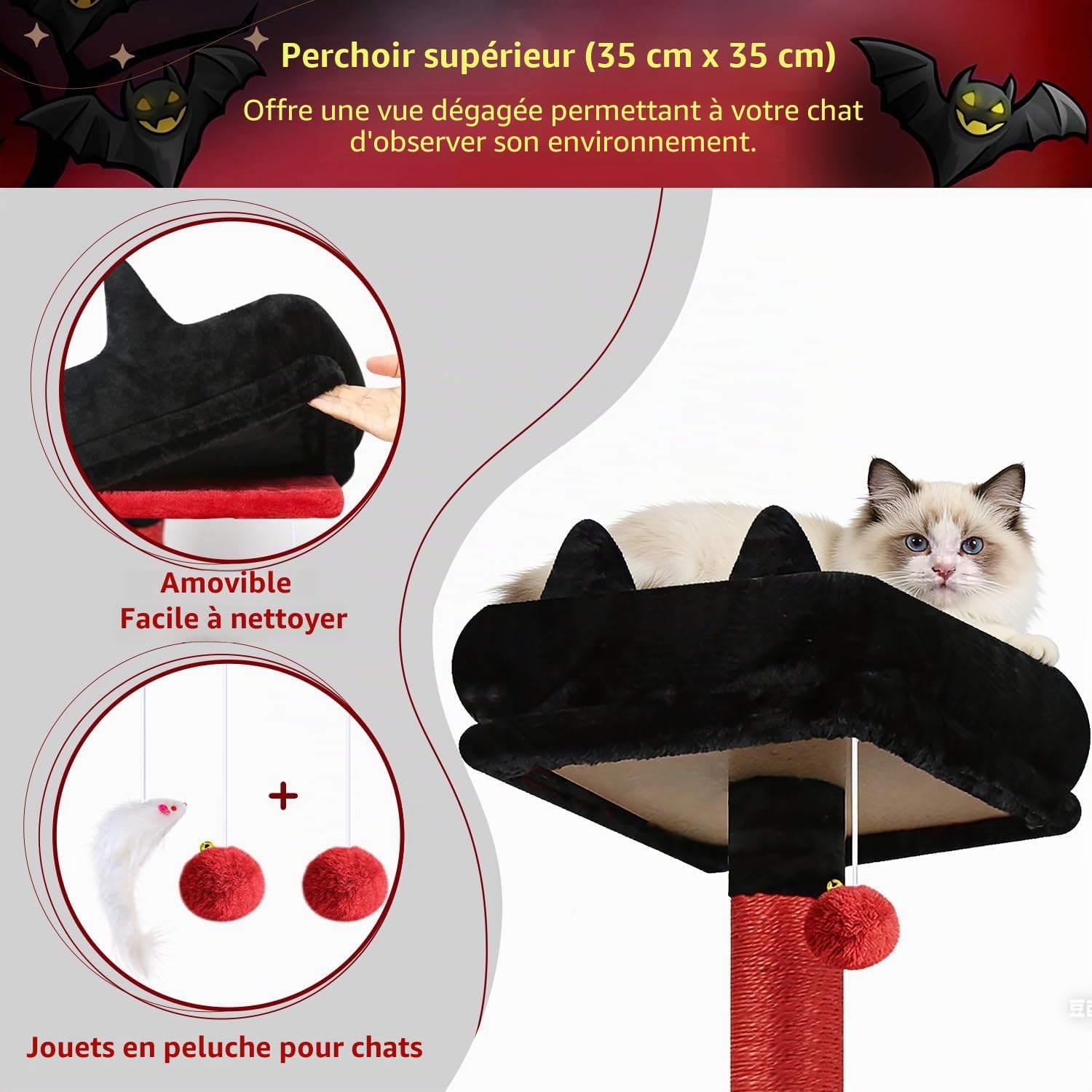 Globlazer Arbre a Chat Noir Rouge XXL 193 cm avec 2 Grande Niches, Immenso Hamac, Vaste Plate-Forme, 2 Panier, Perchoirs, Énorme Gothique Arbres à Chats Stable pour 3-5 Gros Chats (S76B, Noir Rouge)