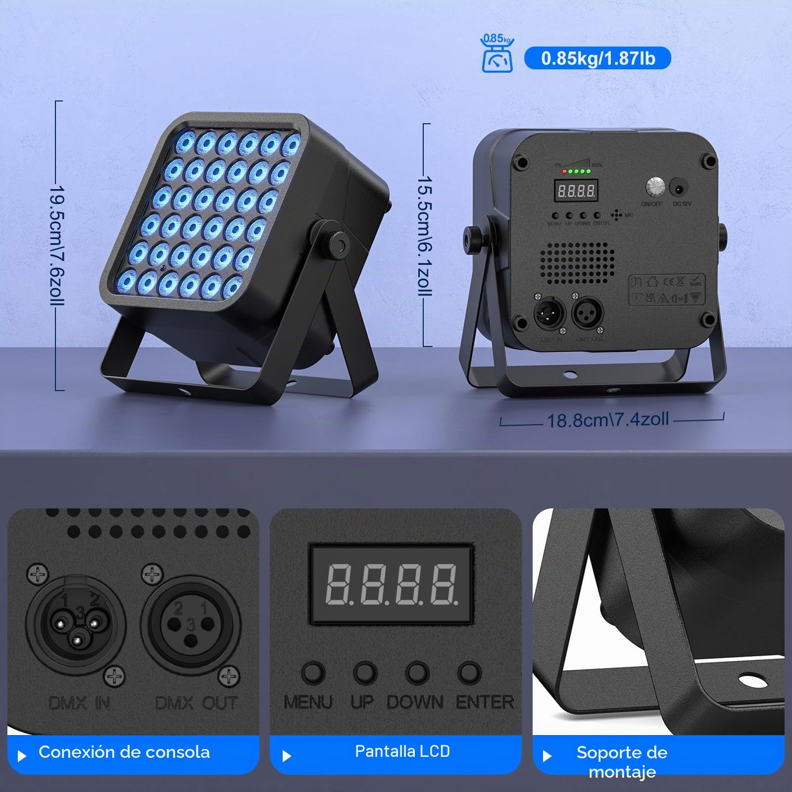 54W Focos Par LED Batería RGBWA UV, 5200mAh Recargable Luces Escenario con Control Remoto, Luz Discoteca 4-6h para Exteriores Fiestas Bodas Espectáculos Discotecas Halloween Navidad
