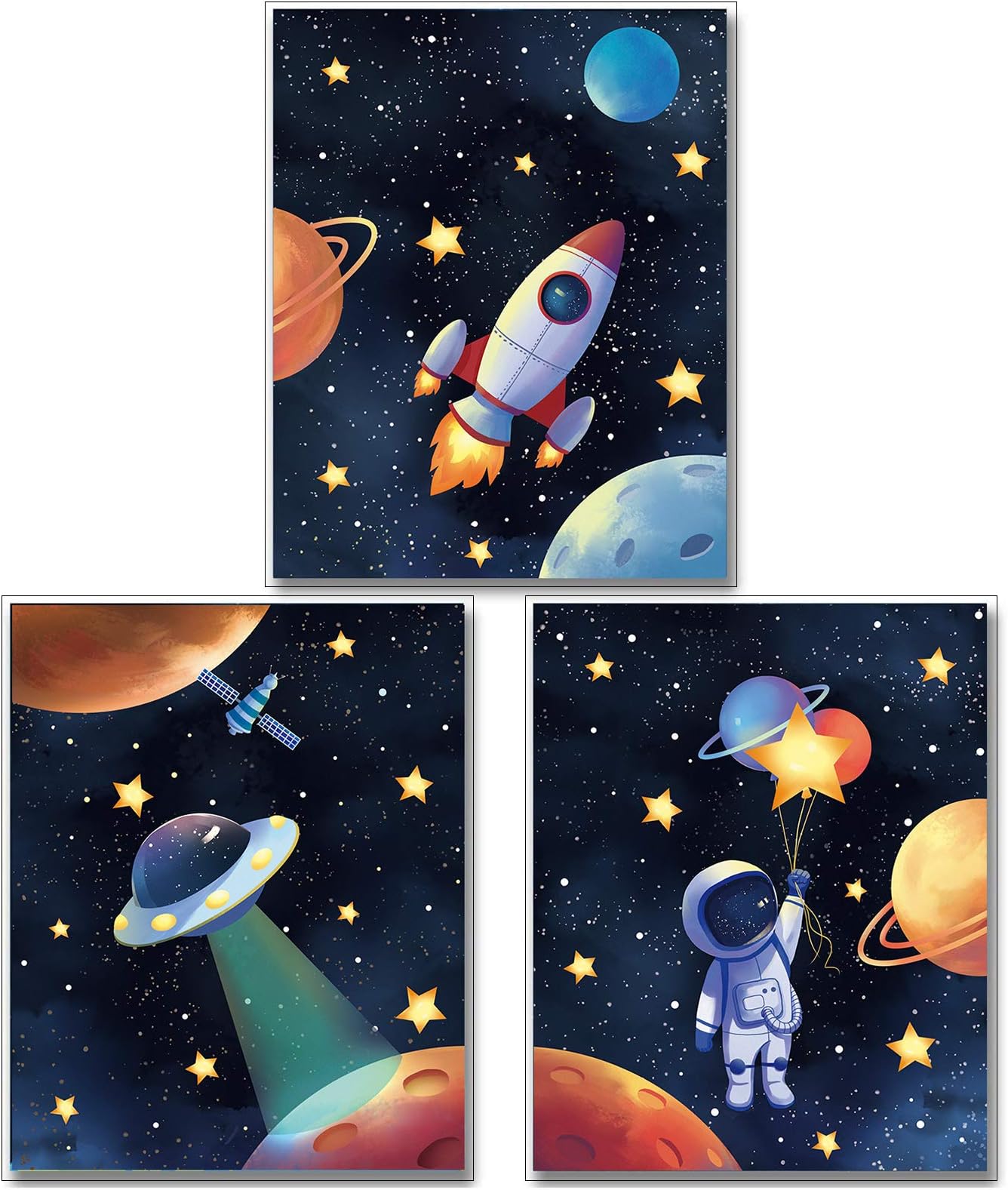 MWOOT Space Astronaut Canvas Poster for Boys Bedroom Wall Decor, 3Pcs Kids Children Playroom Wall Art Print (30X40CM), Solar System Rocket Wall Poster Large - Room Decoration Accessories (B Series)