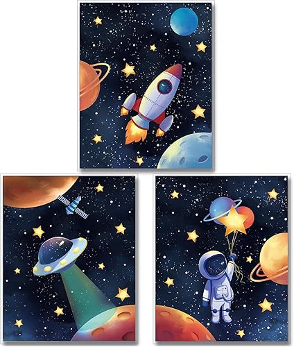 Póster de lienzo de astronauta espacial para 3 piezas, decoración de pared para sala de juegos, sistema solar, cohete, accesorios de decoración de