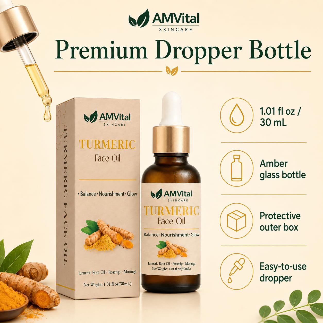 AMVital Turmeric Face Oil with Jojoba Rosehip and Moringa, 1 fl oz | Lightweight facial oil with turmeric, jojoba, rosehip, moringa and oat kernel oils