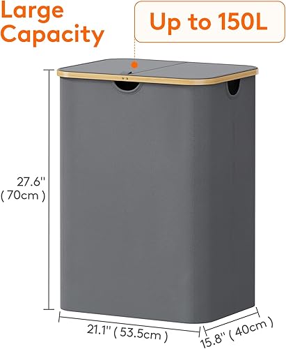Miniatura 67 de Lifewit Cesta grande de 100 litros con tapa para ropa con asas de bambú y bolsa extraíble, plegable para dormitorio, baño, residencia universitaria