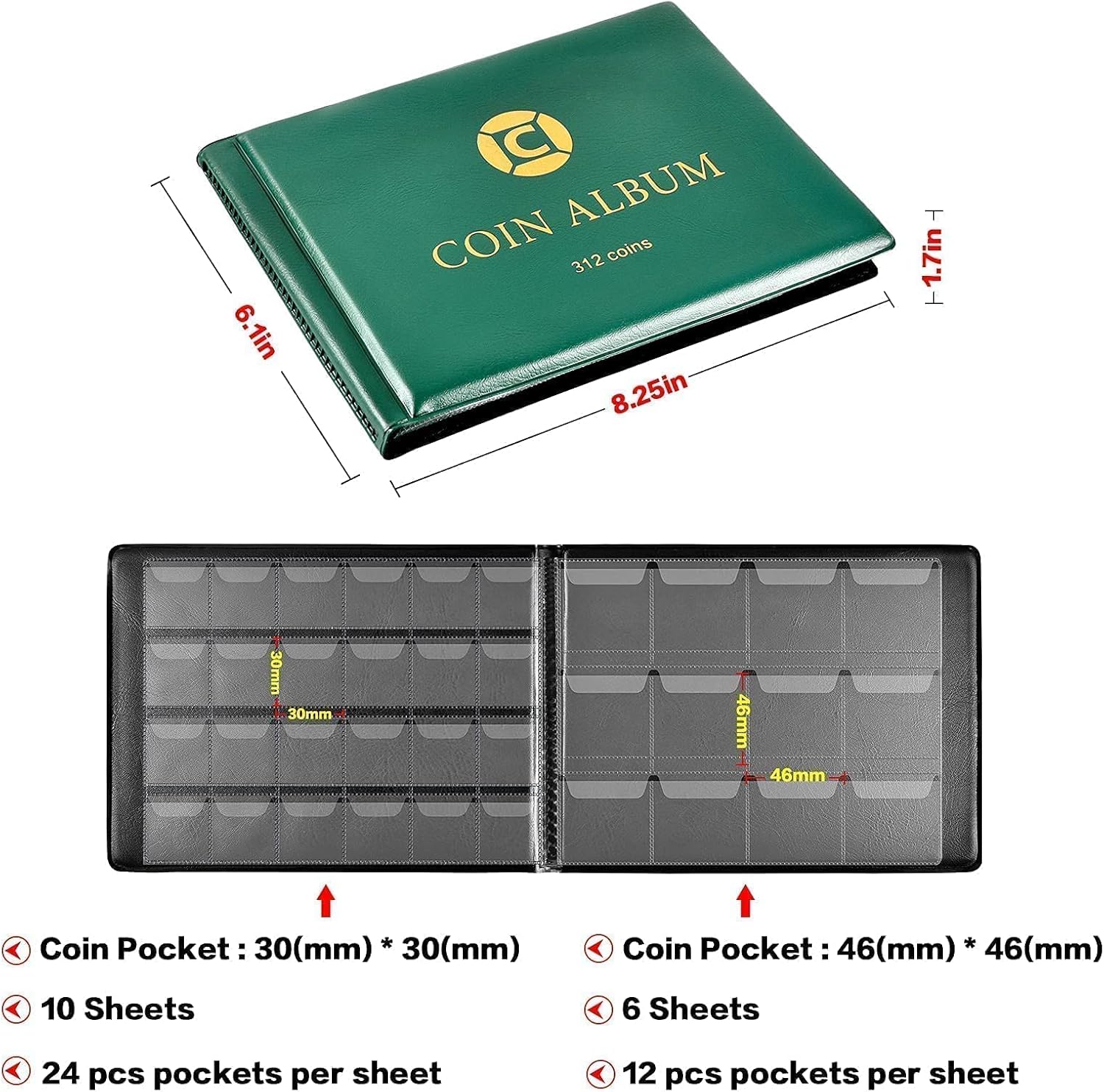 Coin Collection Supplies Book Holder for Collectors, Coins Collecting Album for 20 25 27 30 38 46mm. Coin Storage Display Organizer Case for Money Currency, Penny, Bill Commemorative : Office Products