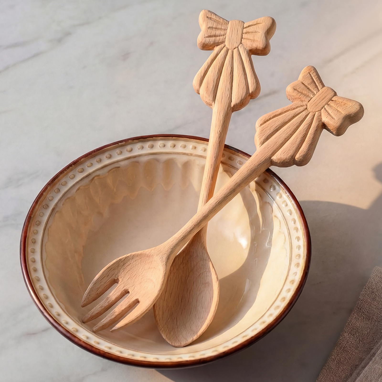 2 Pcs Linden Wood Salad Tongs 9.8 Inch Bow Serving Utensils Set Wooden Salad Fork and Spoon Long Handle Server for Kitchen Cooking Condiments Reusable Dinner Flatware Holiday Gifts