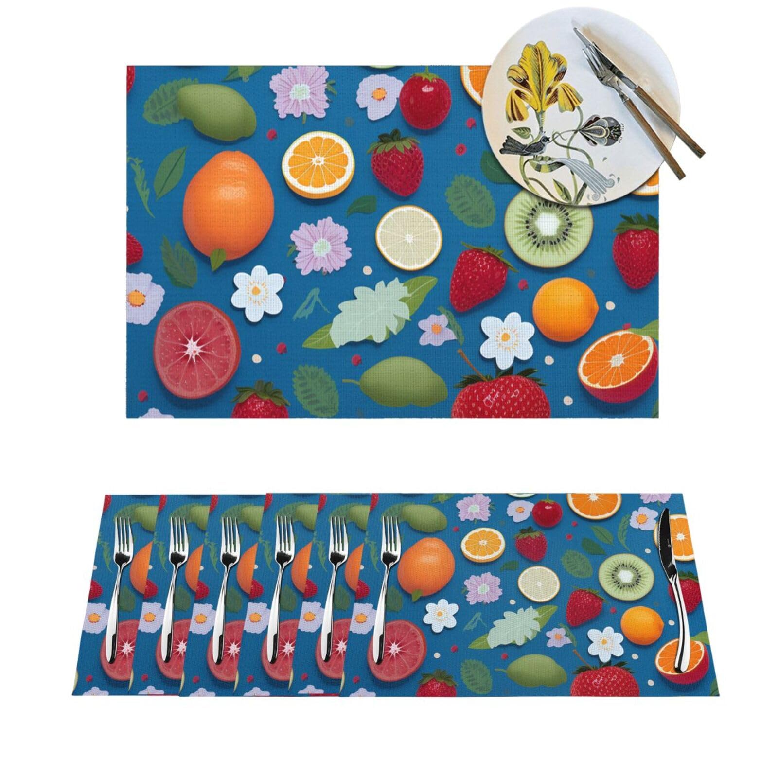 6 sets de table fruits sur fond bleu pour repas en extérieur