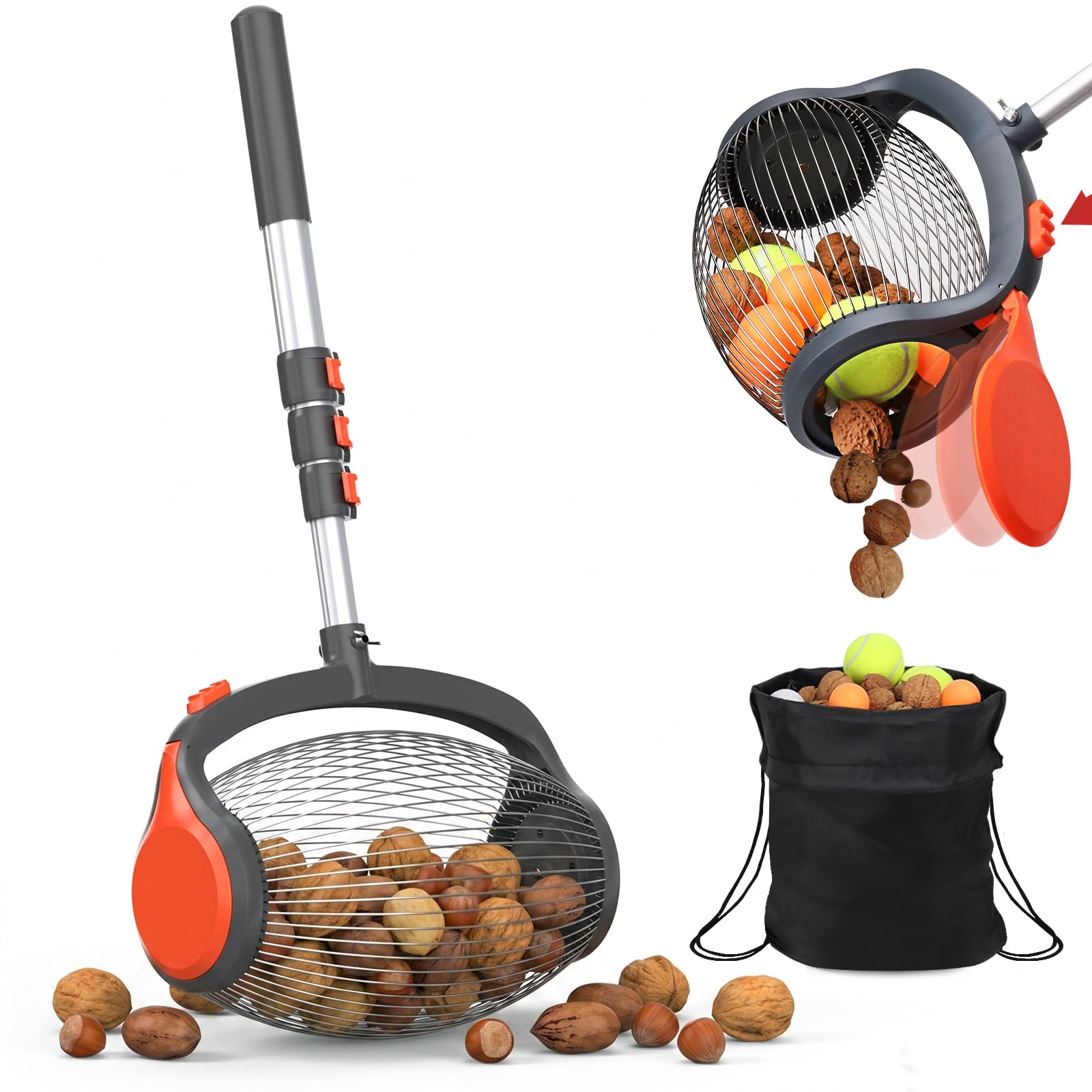 GAINO Nut Gatherer Roller with Foot Pedal, Acorn Picker Upper &amp; Bag
