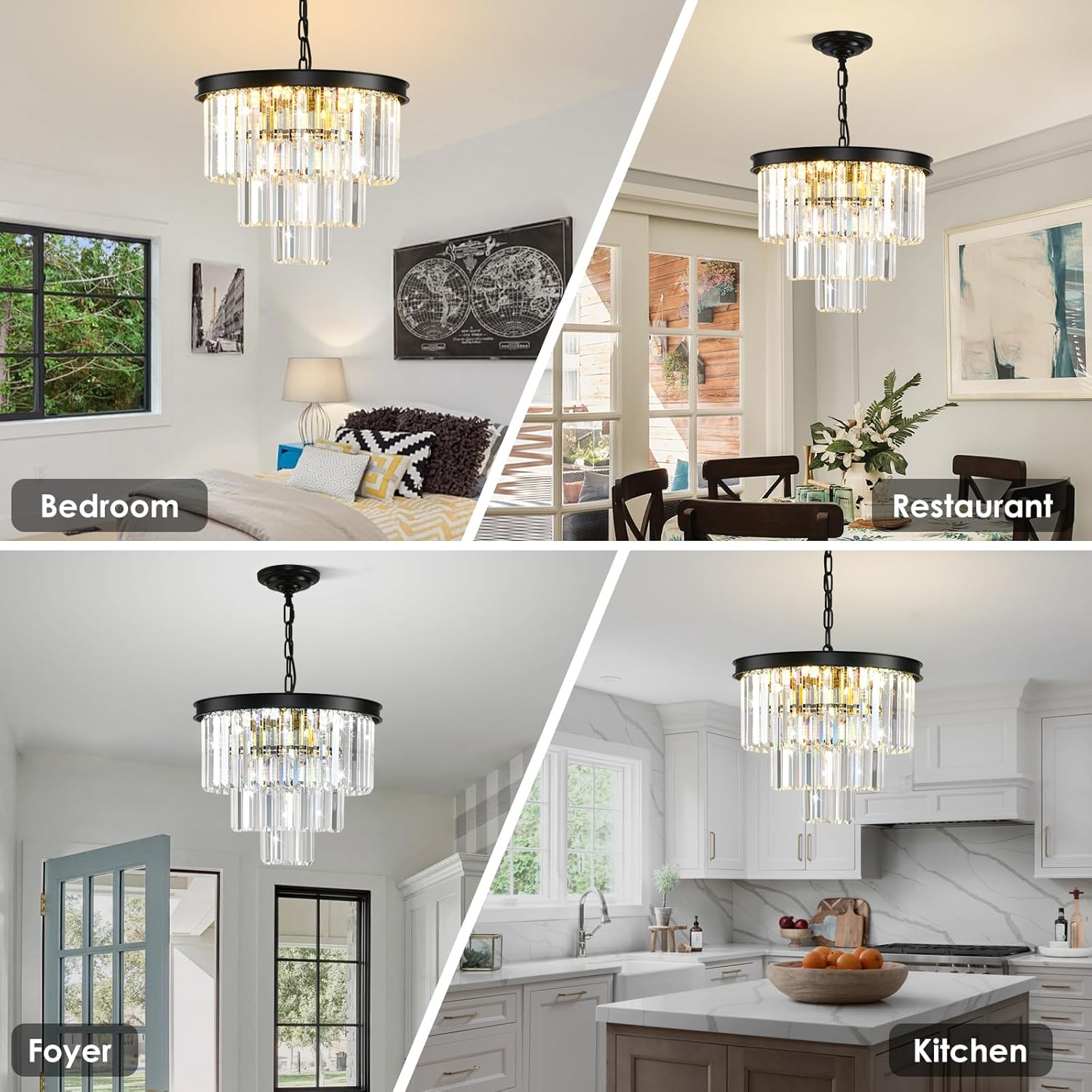 Modern Black Crystal Chandelier 3-Tier Round Chandeliers Pendant Ceiling Light Fixture Flush Mount for Dining Room Living Room Bedroom Foyer Hallway Entryway W16
