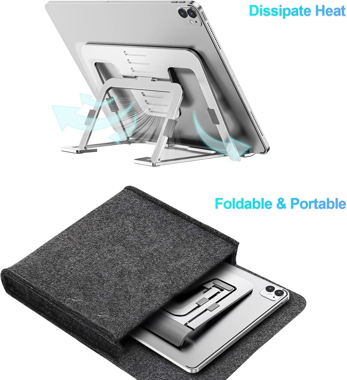 Tablet Stand Adjustable & Foldable, Slim Portable Aluminum Tablet Holder for Desk, Compatible with iPad Pro/Air/Mini, Samsung Tab, Surface Pro, Kindle Fire (7-13") (Silver)