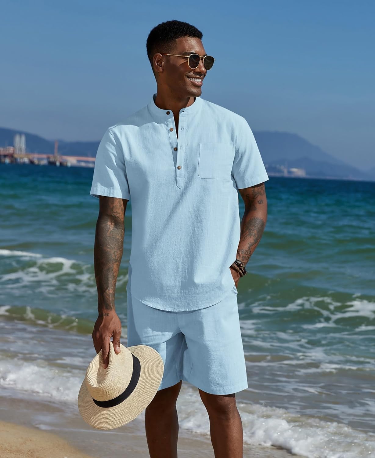 COOFANDY Men's 2 Piece Cotton Linen Sets Summer Beach Outfits Casual Short Sleeve Henley Shirts and Vacation Shorts - Image 2