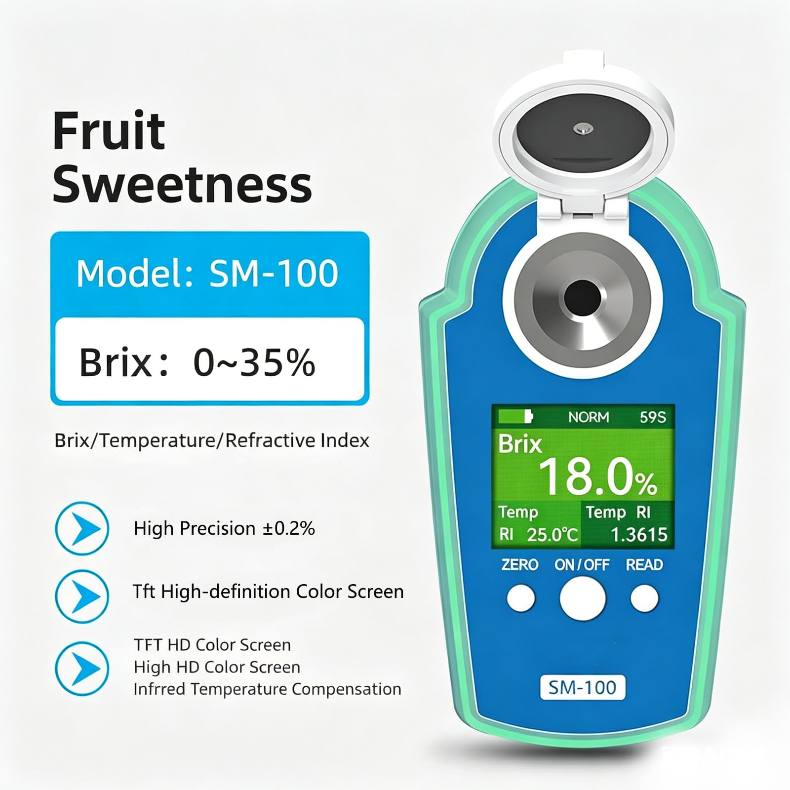 Refractómetro digital Brix para prueba de azúcar de frutas, ATC, resolución del 0,1%, precisión del 0,2%, fácil de operar, medición rápida 3S, amplio rango