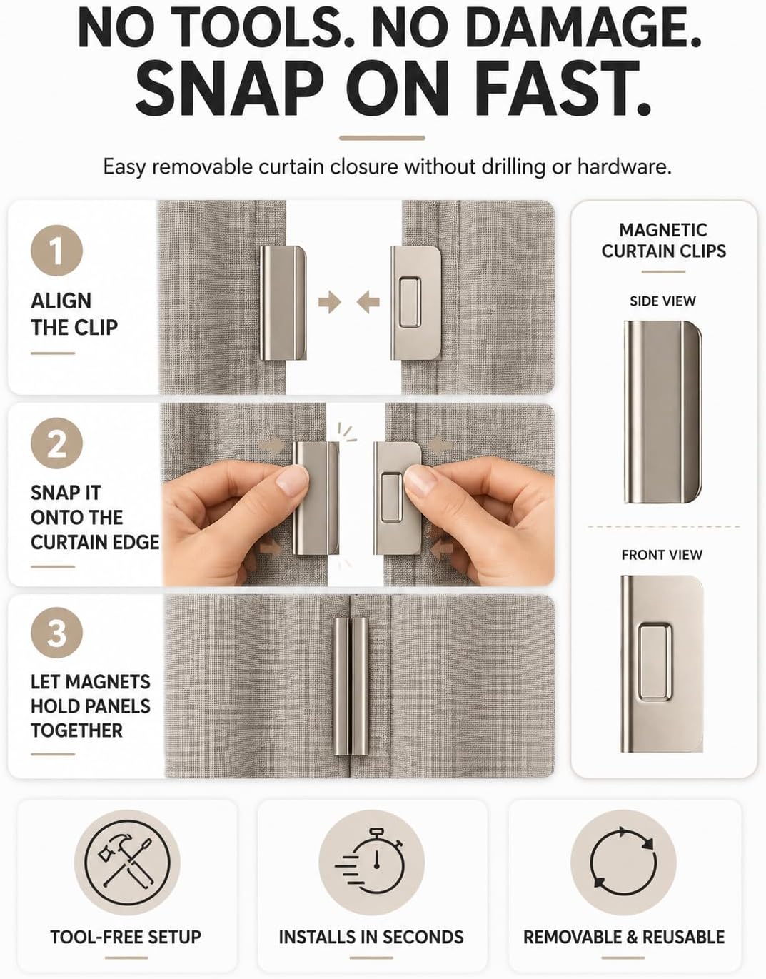 Magnetic Curtain Clips Magnets Closure to Hold Closed Outdoor Weights Tiebacks Heavy Blackout Window Cover Screen to Keep Together Closing and Securing Buckle Detachable Fastening Metal