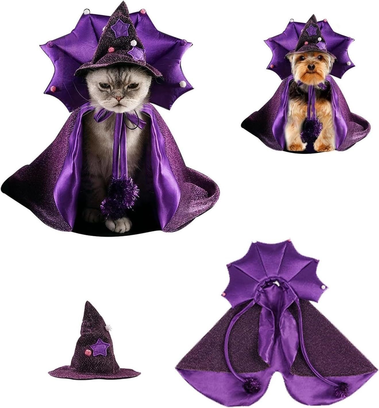 Halloween Pet Costume Vampire Cape with Witch Hat for Small Dogs and Cats Adjustable Purple Sparkling Party Outfit