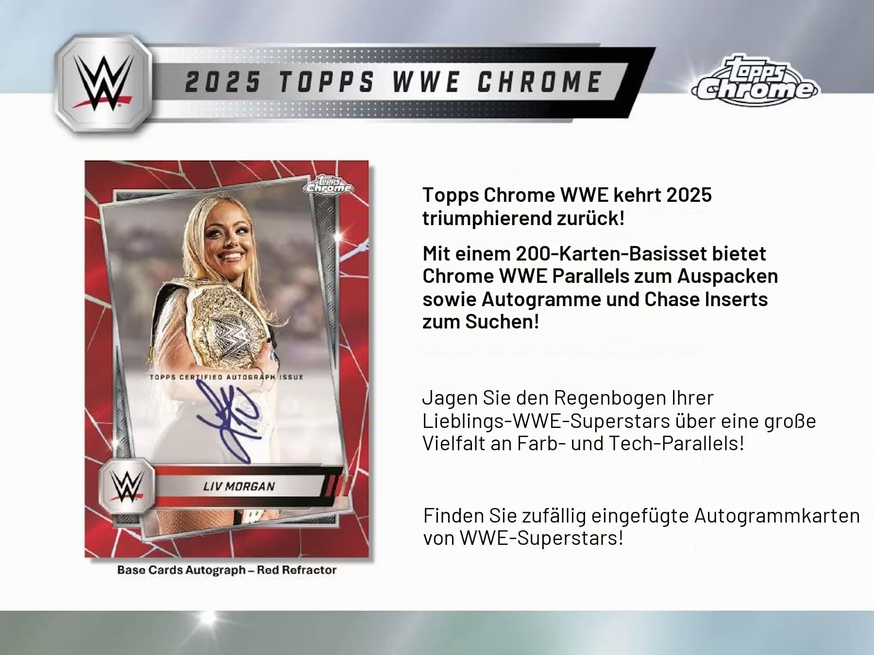 2025 Topps Chrome WWE Sammelkarten Mega-Box, 48 Karten insgesamt, 6 Packungen, 8 Karten pro Packung