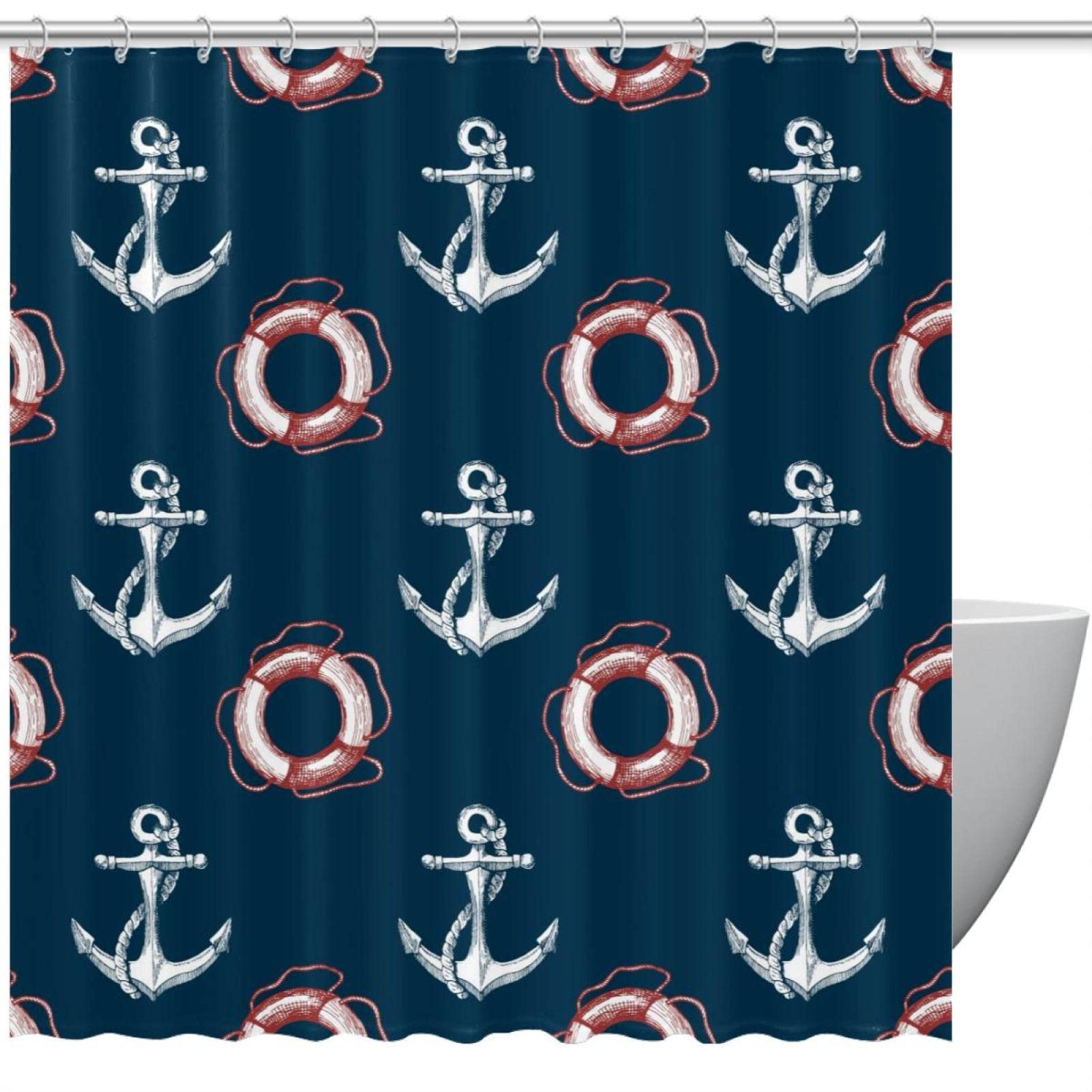 Krabben-Duschvorhang Marine-Design – 100% Polyester, 152x184 Cm, Inkl. 12 Haken (blau-weiß)