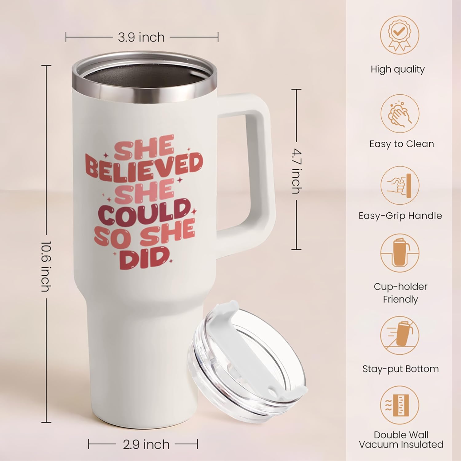 SANDJEST Graduation Gifts for Women She Believed She Could So She Did Tumbler 40oz Stainless Steel Insulated with Handle and Straw, New Job, Going Away, Inspirational Gifts for Her - Image 3