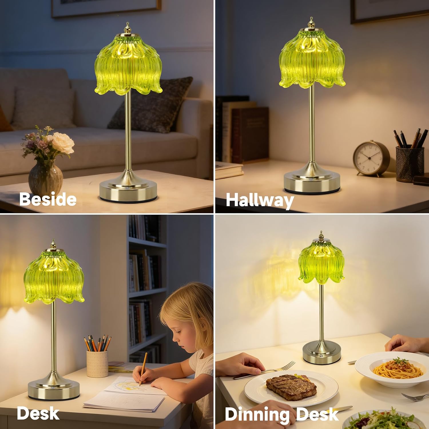 Lotus Table Lamp, Rechargeable Glass Table Lamp with 2000mAh Battery, 3 Color Dimmable Touch Lamps for Nightstand Bedroom Office, Cordless Small Night Light for Women Girl Mom (Green Lotus)