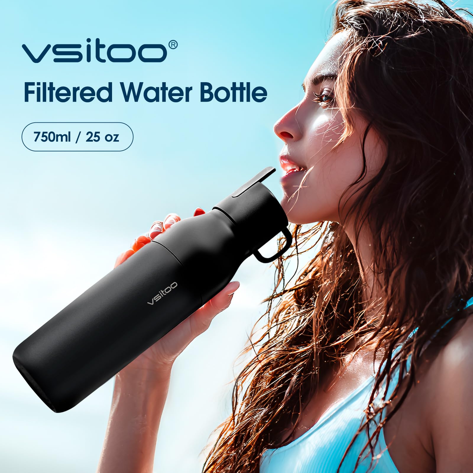 vsitoo CarbonFiber Filterwasserflasche, 750 ml, isolierte Edelstahl-Wasserflaschen mit Filter, BPA-freie Filterwasserflasche, ersetzt 300 Kunststoff-Wasserflaschen, inklusive 1 Filter, Schwarz
