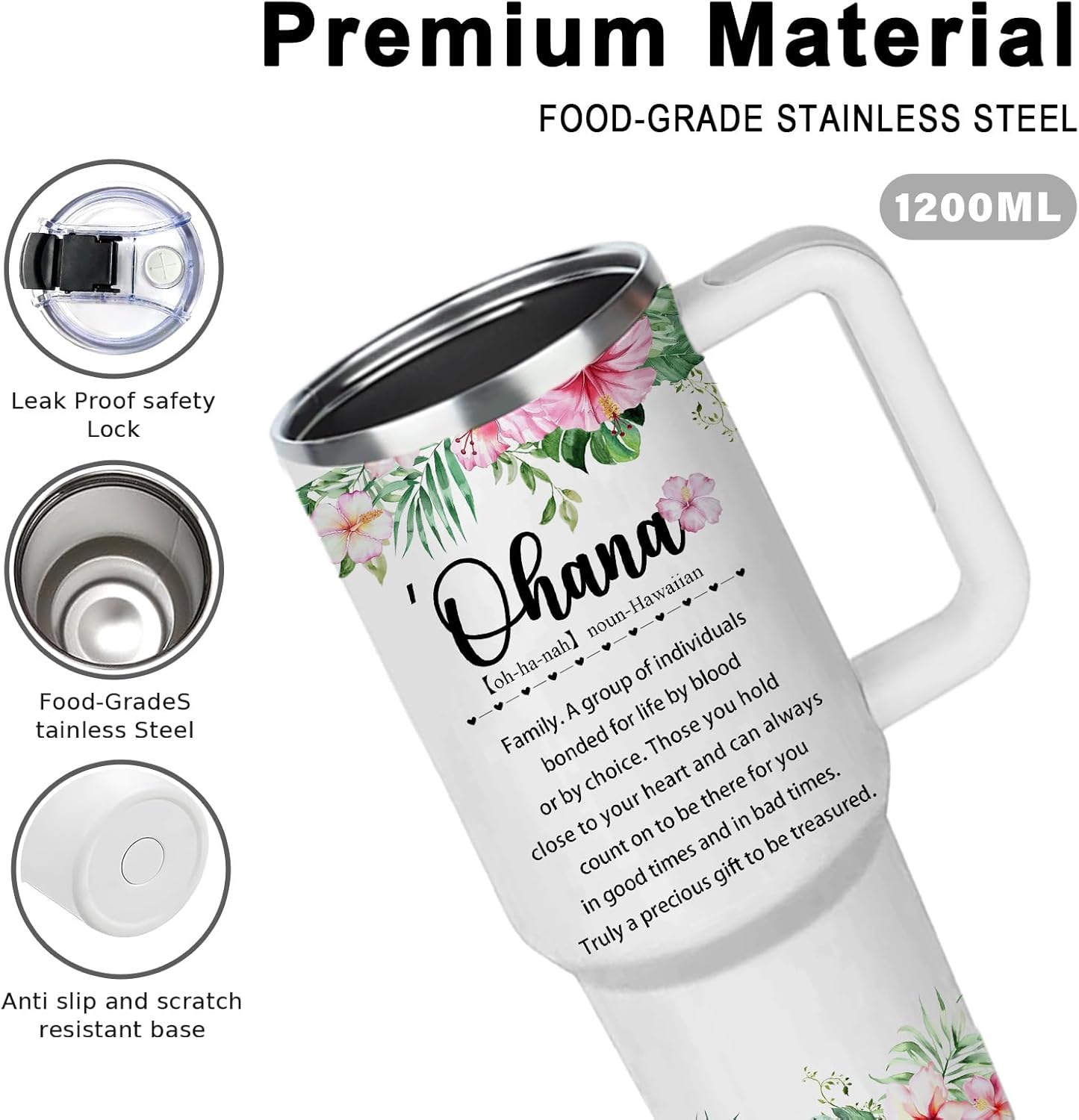 Hawaii Gifts Tumbler 40oz with Handle, Summer Hawaiian Gifts for Women, Hawaiian Tropic Ohana Coffee Cup, Christmas Birthday Appreciation Hawaii Gift for Aunt Sister Grandma Friends Colleagues - Image 8