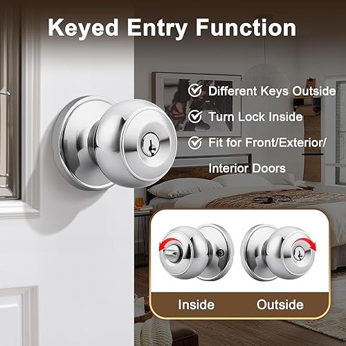 Miniatura 9 de Probrico - Paquete de 3 perillas redondas de níquel satinado para puerta de entrada, con llaves iguales, puerta exterior e interior, delantera,