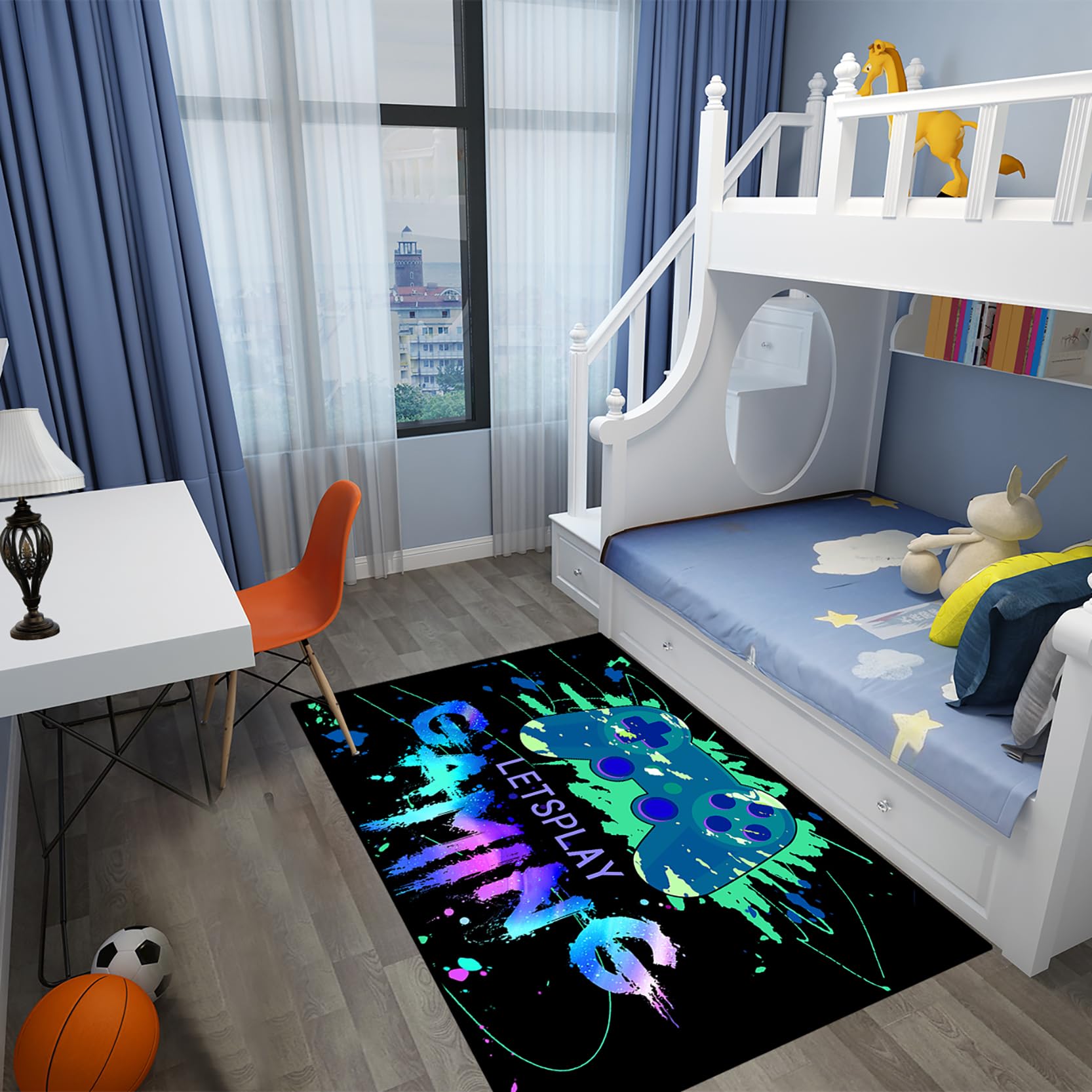 Gamer Rugs for Bedroom Boys, Colorful Video Gaming Gamepad Carpet Decor Boys Room, Blue Gaming Rugs for Bedroom Living Room Playroom Decor 2'5"x4'