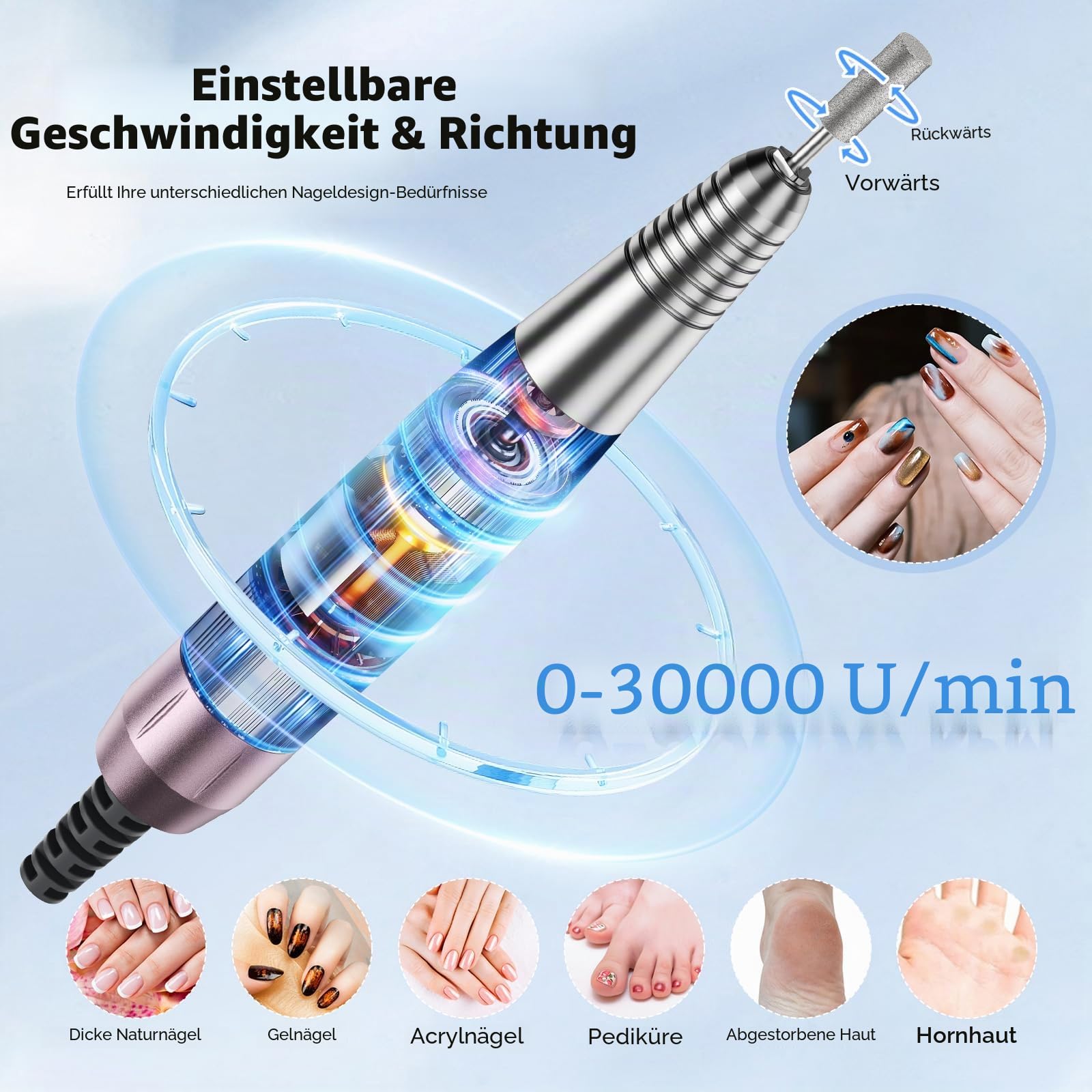 4 in 1 elektrische Nagelbohrer, 30000 U / min professioneller Nagelstaubkollektor 80W leistungsstarkes Vakuum, 6W rotatable LED -Licht niedriges Geräusch mit 3 Dateien für Salon Home Use (Pink)