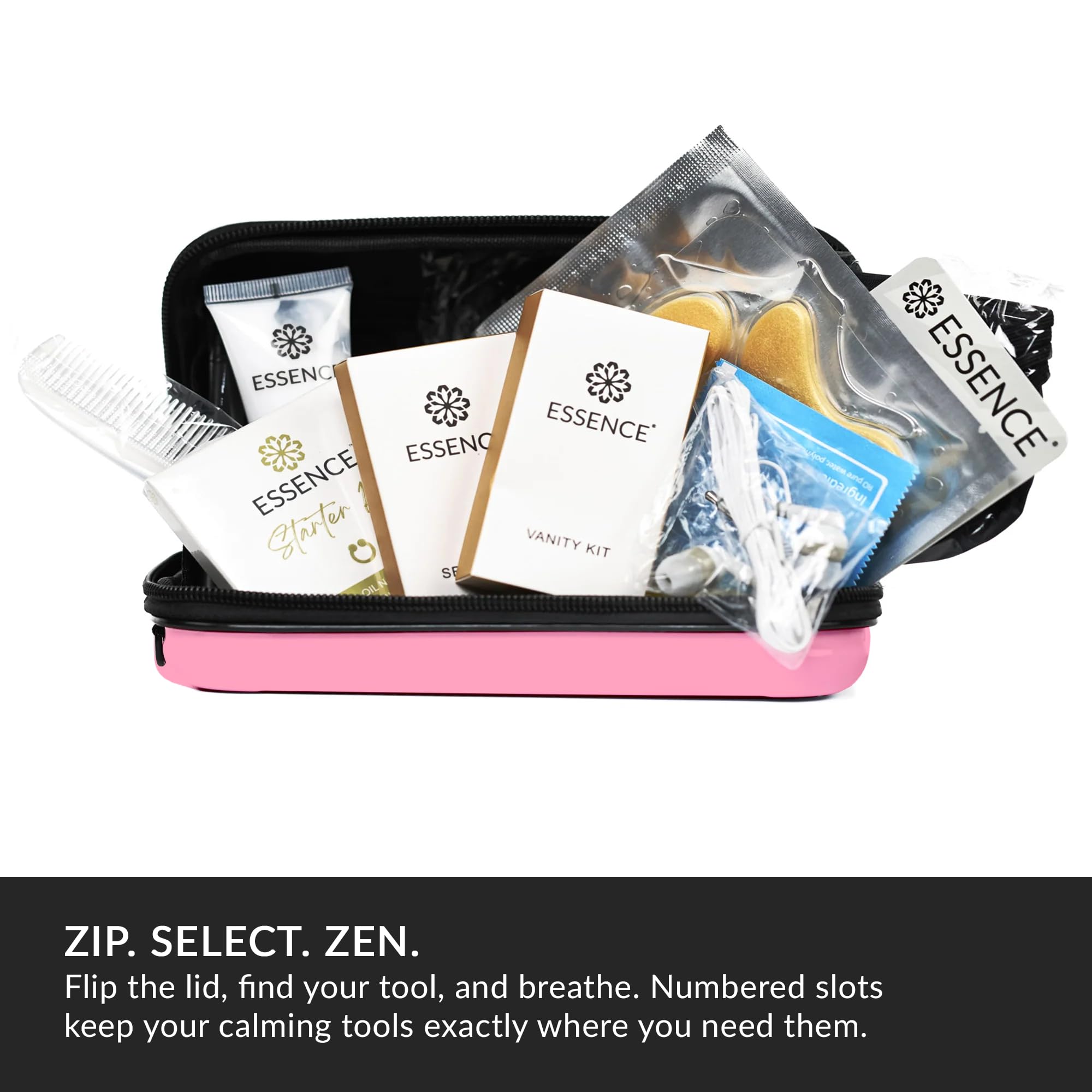 Essence Kit da viaggio | Kit essenziale da viaggio e kit di articoli da toeletta da viaggio | Confezione da 5 anelli diffusori nasali, maschera per dormire, lozione e kit igienico | Kit da toilette da