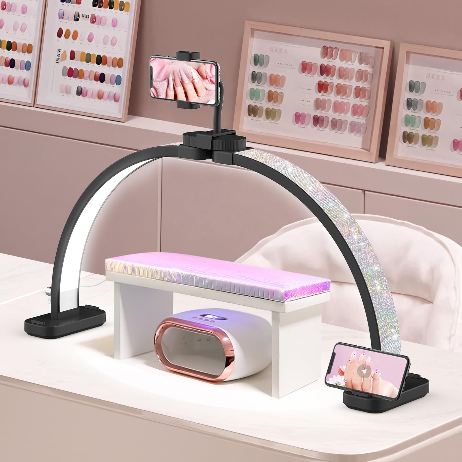 Half Moon Light for Nail Tech: 31 inch Lash LED Lamp with Phone Holder - 48W Foldable Arch Lights for Eyelash Tech - Manicure Handicraft Lighting for Spa,Salon: Black