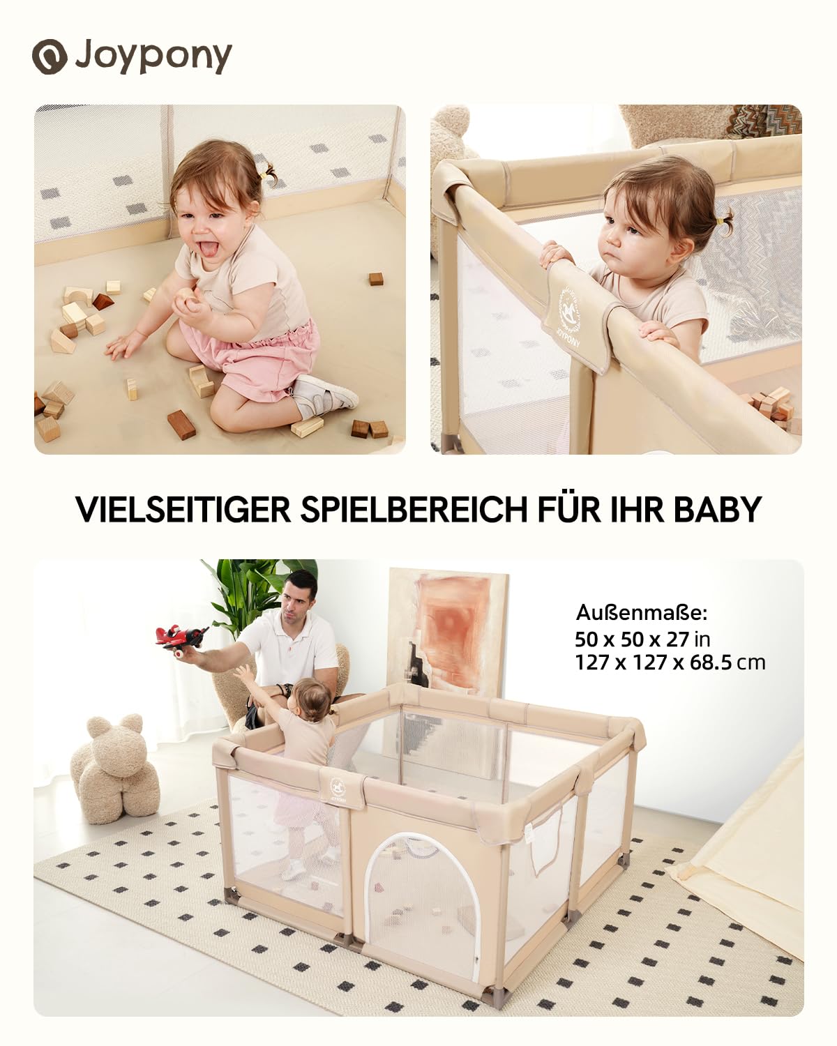 Joypony Parc pour bébé - 127 x 127 cm - Avec filet respirant à 360° - Ventouses antidérapantes - Zone de jeu stable pour bébés et tout-petits - Parc d'intérieur - Beige clair