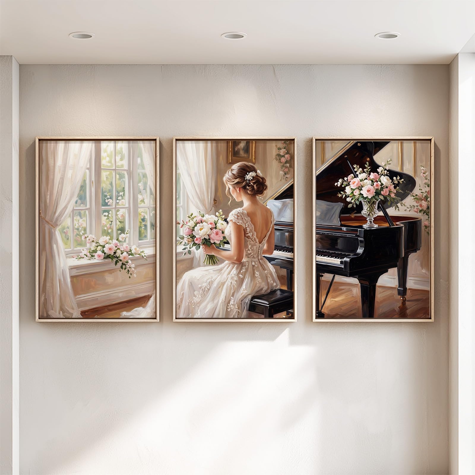 Generisch 3-teiliges Wandbild Leinwand Set 50 x 70 cm, Ohne Rahmen Triptychon Ästhetische Kunstdrucke Ölgemälde für Wohnzimmer & Schlafzimmer, Frau Hochzeitskleid Romantisch Klavier Blume Sanft